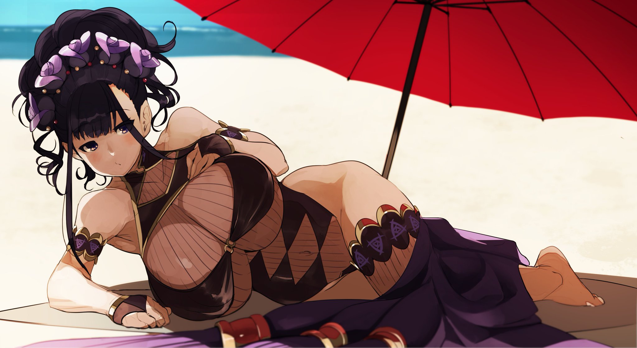 alternate hairstyle, artist request, beach, big breasts, breasts, cleavage, curvy, dark hair, fate (series), fate/grand order, female, huge breasts, laying on side, mature female, messy hair, milf, murasaki shikibu (fate), murasaki shikibu (swimsuit rider) (fate), one-piece swimsuit, purple eyes, swimsuit, wide hips