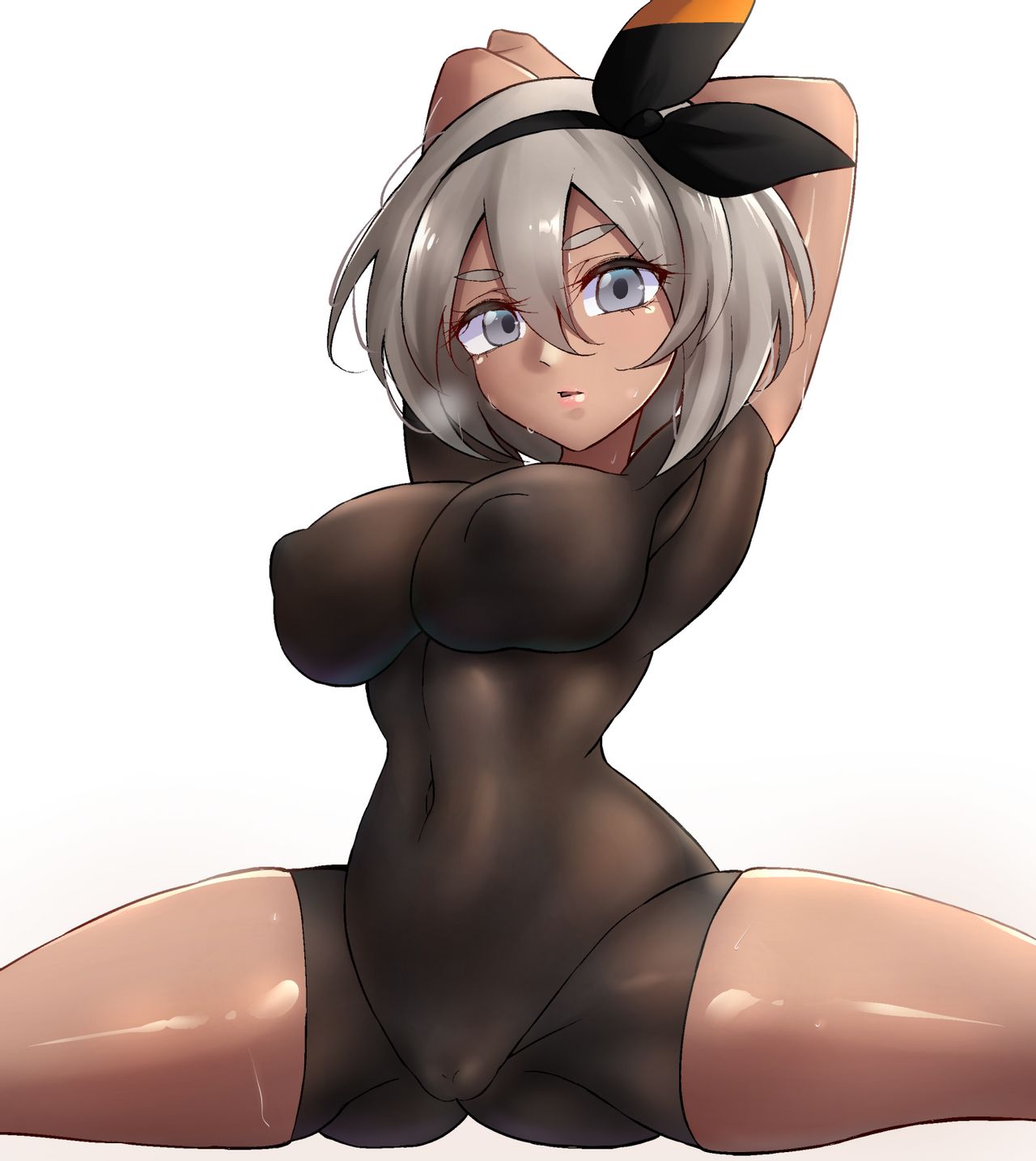 1girls, 2d, alternate breast size, bea (pokemon), bodysuit, breasts, brown skin, brown-skinned female, cameltoe, dark skin, dark-skinned female, female, human, large breasts, mistynight, pokemon, pokemon ss, pussy, solo, spread legs