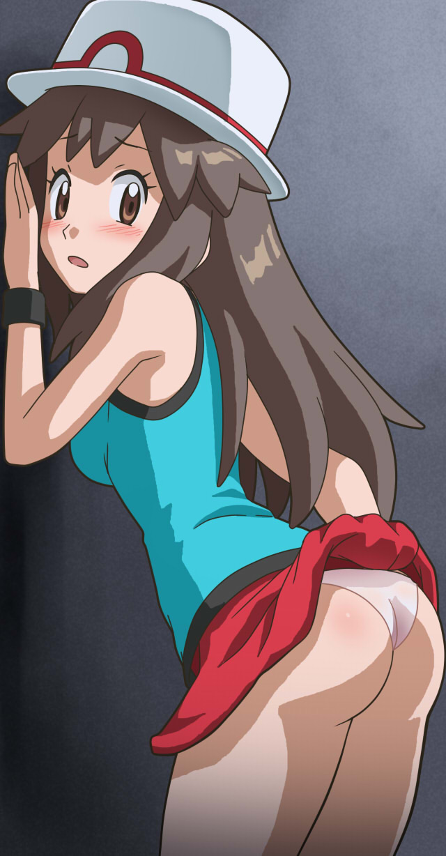 against_wall ass awa blush breasts brown_eyes brown_hair leaf_(pokemon) lifted_skirt long_hair panties pokemon pokemon_frlg pokemon_rgby red_skirt