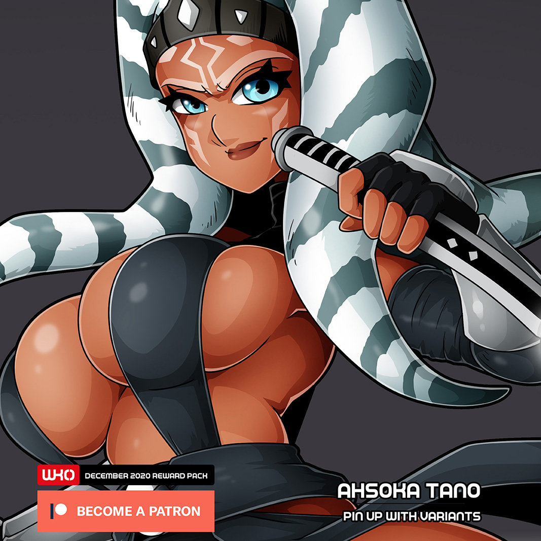 1girls, ahsoka tano, alien, alien girl, big breasts, blue eyes, breasts, bust, busty, cleavage, clone wars, clothing, disney+, face markings, female, female focus, female only, humanoid, lightsaber hilt, lips, lucasfilm, no humans, non-human, orange body, orange skin, solo, solo female, solo focus, star wars, text, the mandalorian, togruta, upper body, voluptuous, weapon, witchking00