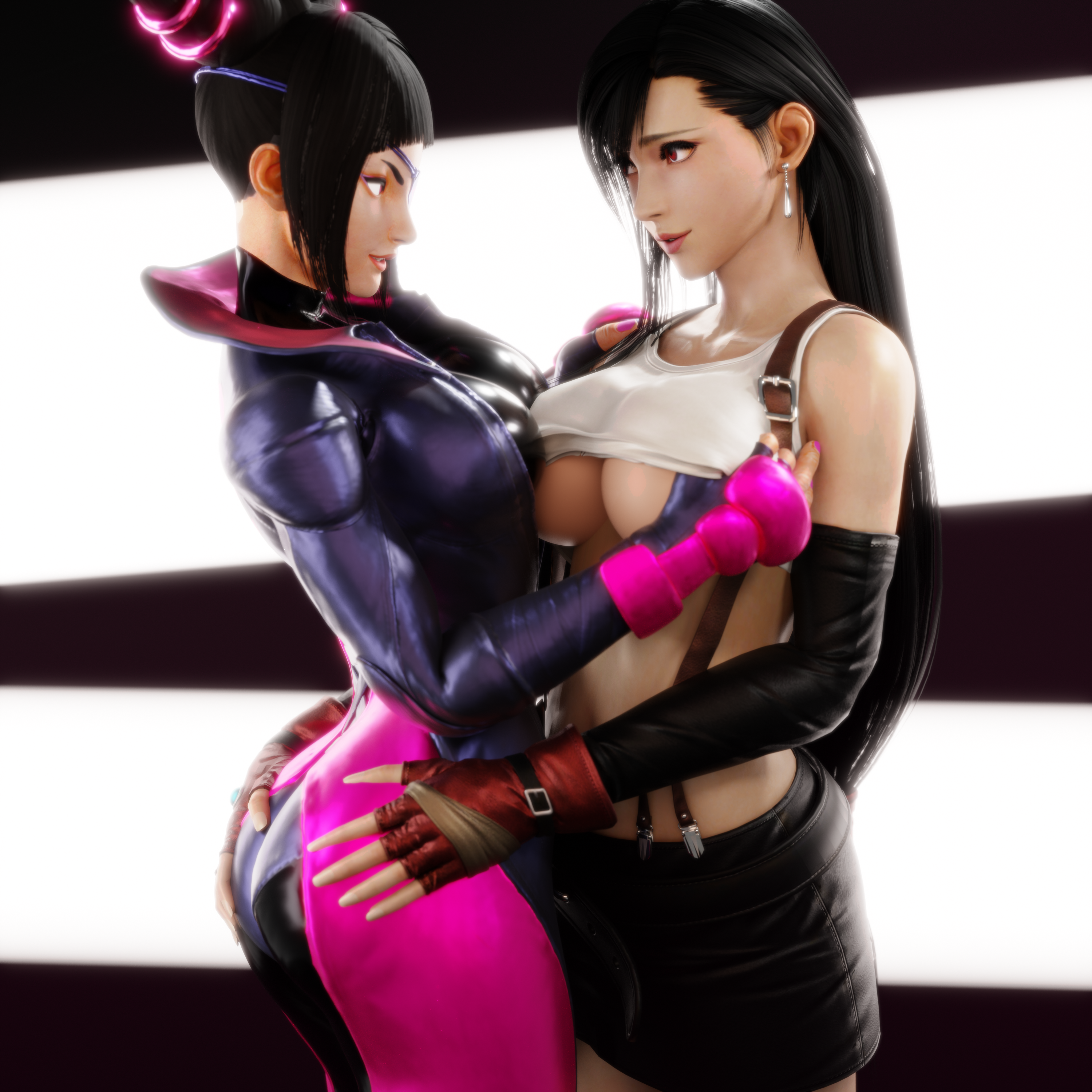 2girls, 3d, adeptusinfinitus, ass, blender, bodysuit, breasts, cleavage, crossover, dissidia, dissidia final fantasy, eyepatch, female, female only, final fantasy, final fantasy vii, hand on ass, hand on butt, juri han, latex, miniskirt, multiple females, multiple girls, street fighter, tanktop, tifa lockhart, underboob, undressing, yuri