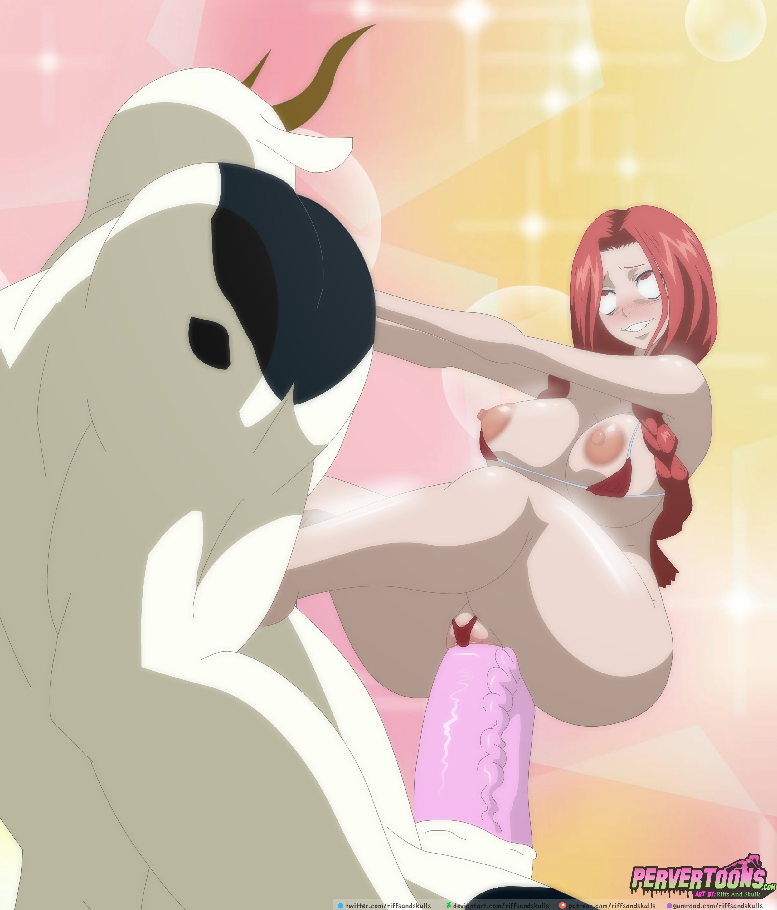 1boy, 1girls, ahe gao, anthro, anthro on human, areolae, big breasts, big penis, breasts, condom, fairy tail, female, flare corona, human, large breasts, male, nipples, penis, pervertoons, pussy, red hair, red-haired female, riffsandskulls, sex, taurus (fairy tail)