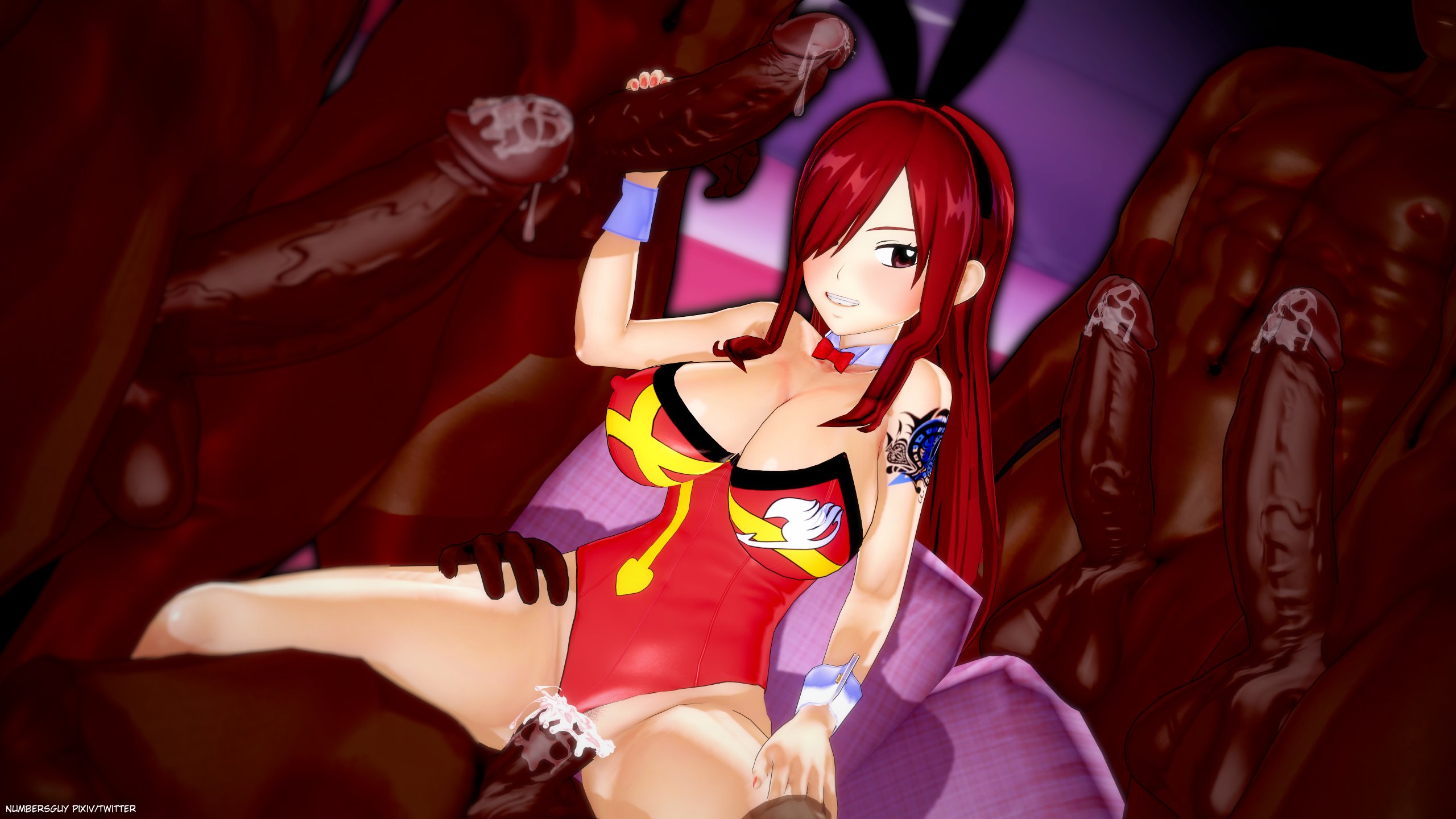 1girls, 3d, big penis, breasts, bunny ears, cum, cum in pussy, dark skin, dark-skinned male, erza scarlet, fairy tail, female, holding penis, interracial, koikatsu, large breasts, male, multiple boys, multiple males, numbersguy, penis, pussy, queen of spades, red hair, tattoo, vaginal penetration