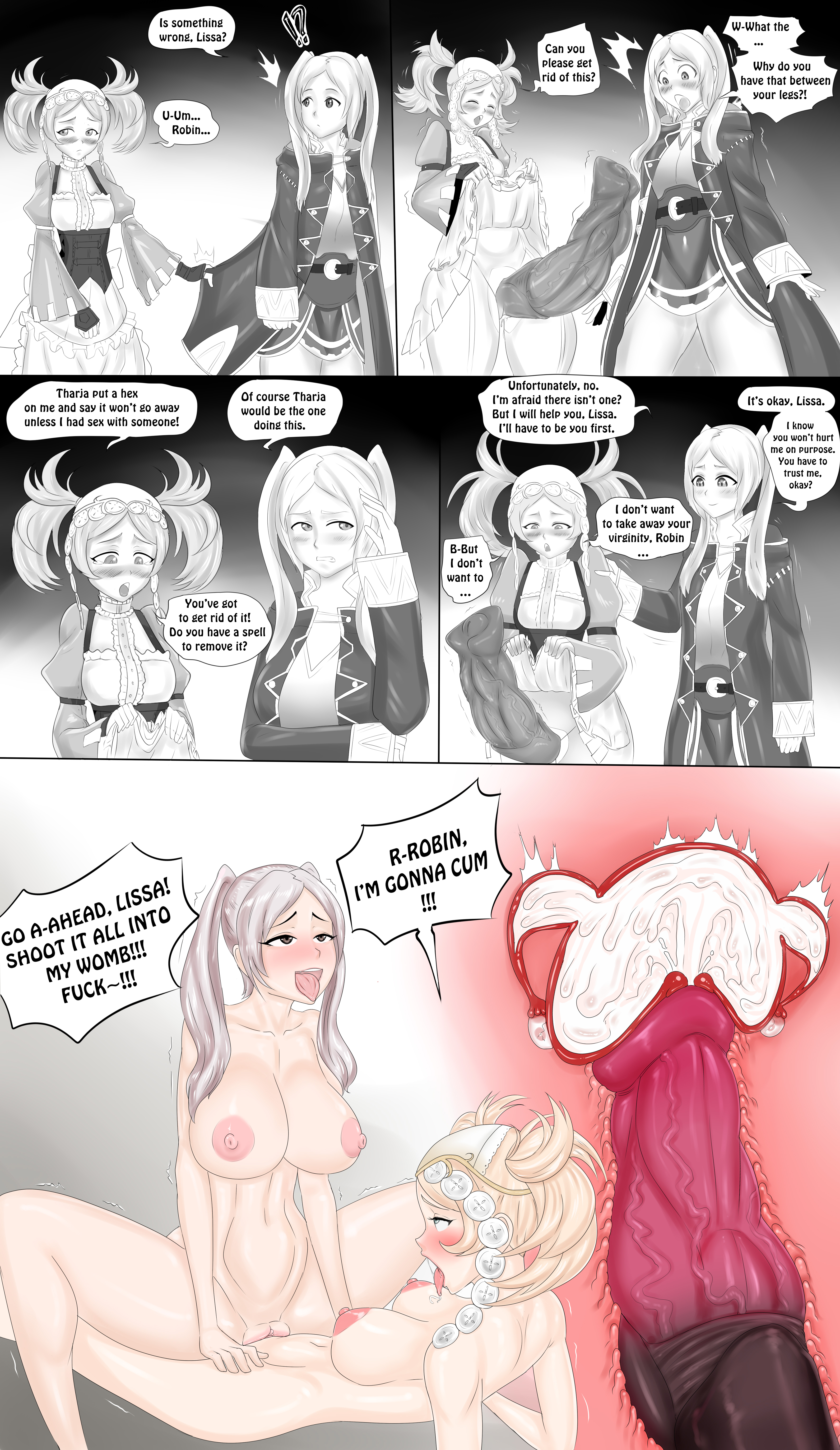 1futa, 1girls, ahe gao, areolae, breasts, clothed, clothing, comic, cowgirl position, cum, cum in pussy, cum in uterus, cum inside, dialogue, ejaculation, english text, female, fire emblem, fire emblem awakening, futa on female, futa sans balls, futanari, horse penis, horsecock, horsecock futa, huge cock, human, human with animal genitalia, human with horsecock, impregnation, internal, internal cumshot, intersex, large breasts, lissa (fire emblem), nintendo, nude, orgasm, pale skin, partially clothed, penis, pussy, robin (fire emblem), robin (fire emblem) (female), source request, text, titto, tittoarts, tongue, tongue out, vaginal penetration, virgin, x-ray