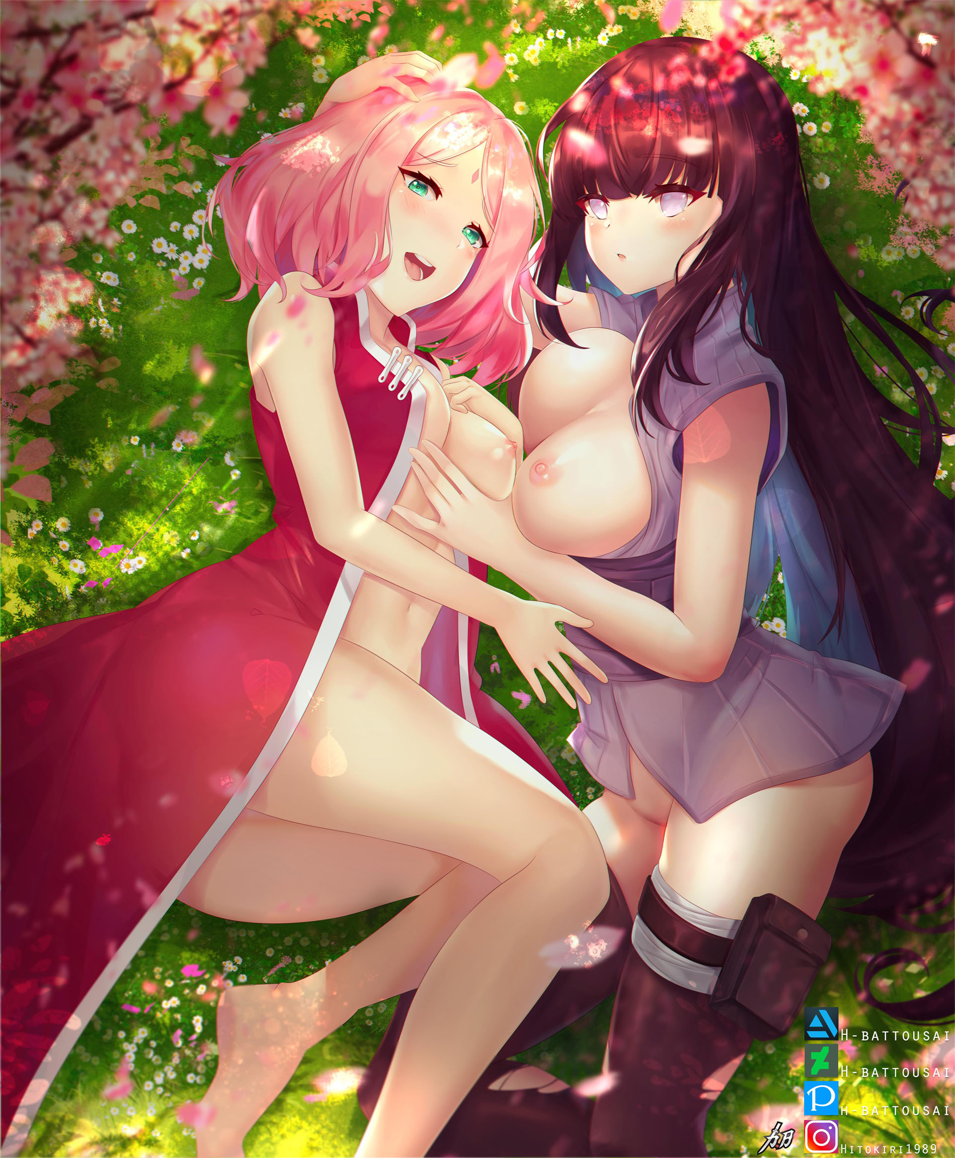2girls, areolae, barefoot, big breasts, black hair, blush, boruto: naruto next generations, bottomless, breast grab, breasts, breasts out, clothing, dress, facial mark, feet, female, female only, flowers, forehead mark, grass, green eyes, h.battousai, haruno sakura, hyuuga hinata, hyuuga hinata (naruto: the last), kimono, long hair, looking at viewer, lying, medium breasts, multiple females, multiple girls, naruto, naruto (series), naruto: the last, nipples, no bra, no panties, no underwear, on ground, on side, open clothes, outdoors, partially clothed, pink hair, sakura haruno, short kimono, stockings, violet eyes, yuri