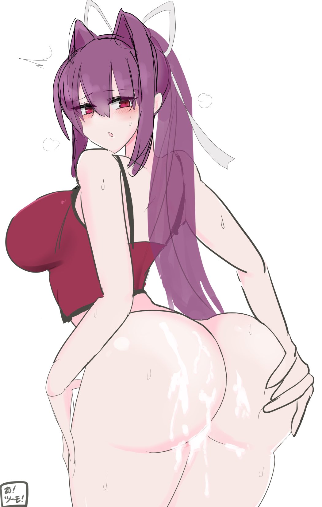 ass, ass grab, bacantshift1st, blush, bottomless, breasts, cum, cum on ass, female, female only, long hair, looking back, open mouth, ponytail, red eyes, red hair, under night in-birth, yuzuriha (under night in-birth)