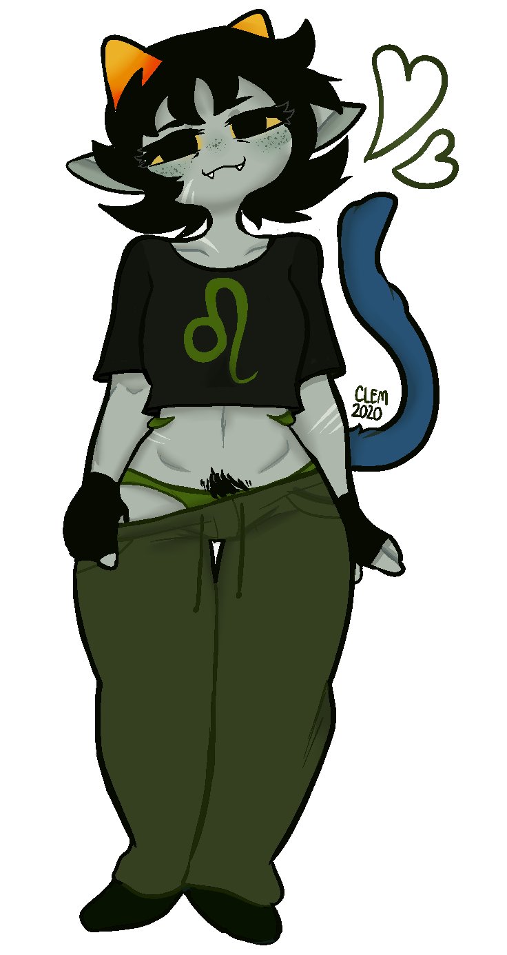 1girls, clementyne, clothed, female, fingerless gloves, homestuck, nepeta leijon, panties, pants pull, pubic hair, solo, tail, undressing