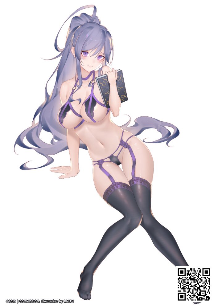 1girls, bad censor, big breasts, black panties, blush, book, breasts, censored, covered nipples, covering, covering crotch, dmith, female, fire emblem, fire emblem: genealogy of the holy war, ishtar (fire emblem), large breasts, lingerie, long hair, looking at viewer, nintendo, panties, ponytail, purple hair, sideboob, smile, solo, solo female, thighhighs, underboob