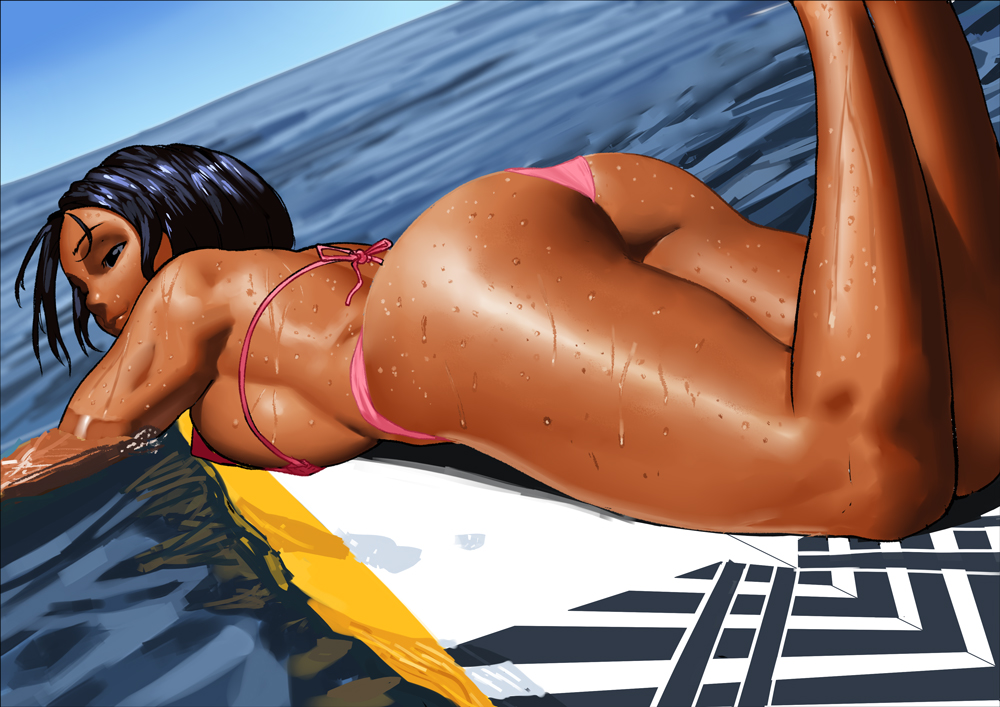 1girls arung_samudra_(cessa) ass big_ass bikini breasts cessa dark-skinned_female dark_skin female female_only lying_on_stomach ombok_diving_and_delivery_services pink_bikini sea solo solo_female surfboard wet