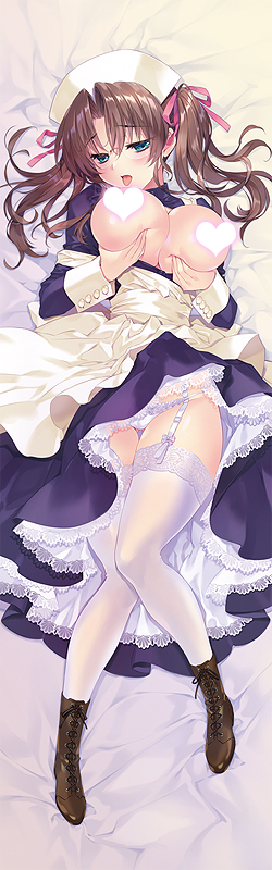 blue_dress boots breast_hold breasts brown_hair carnelian censored cross-laced_footwear dakimakura_(medium) dress female frills full_body garter_straps glasses green_eyes harukawa_tomomi heart heart_censor kao_no_nai_tsuki lace-trimmed_legwear lace-up_boots lace_trim large_breasts lying maid maid_headdress open_mouth pink_ribbon ribbon shoes solo thighhighs tongue twintails white_legwear