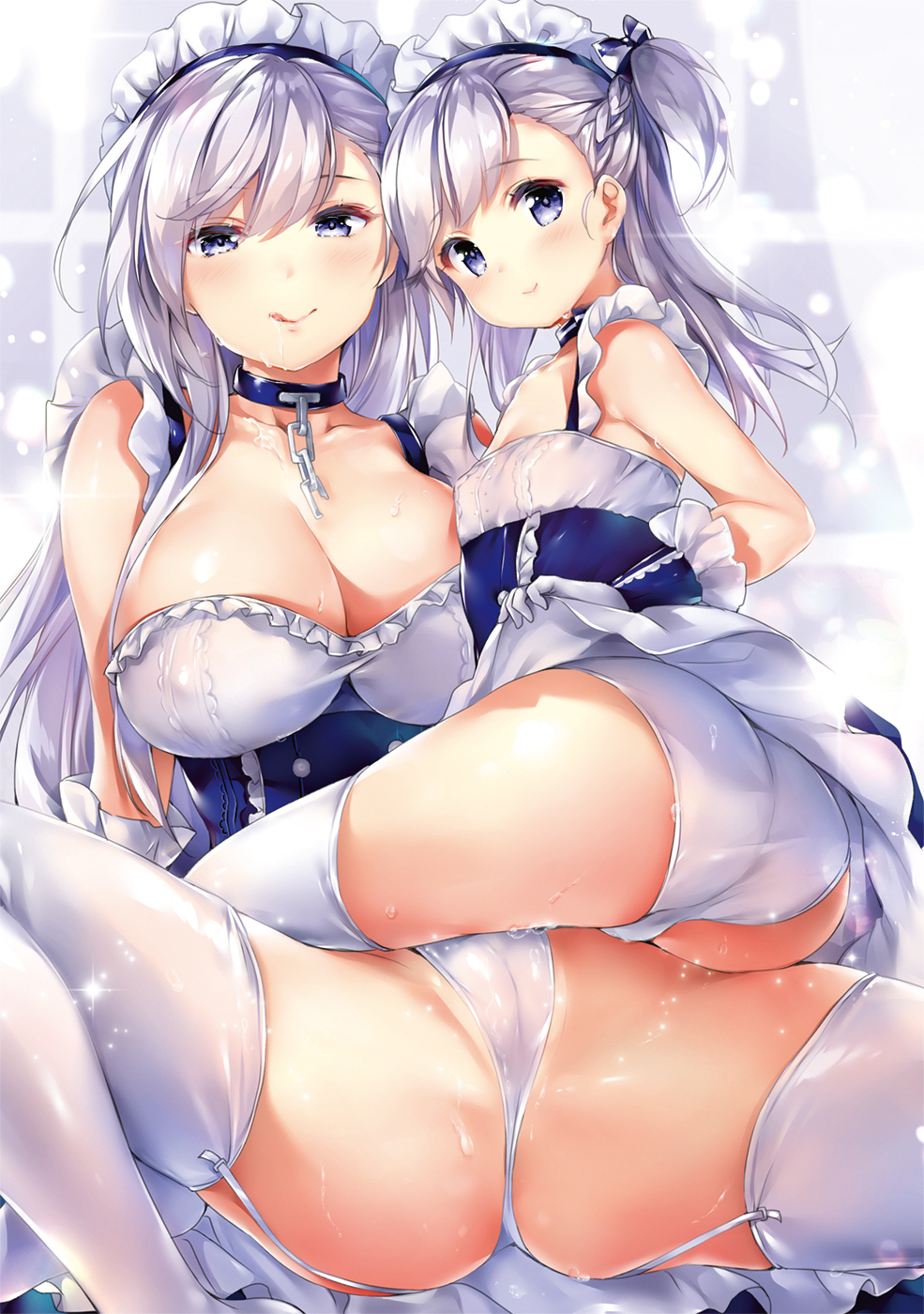 2girls, age difference, azur lane, belchan (azur lane), belfast (azur lane), female, maid, mother and daughter, panties, tagme, wet