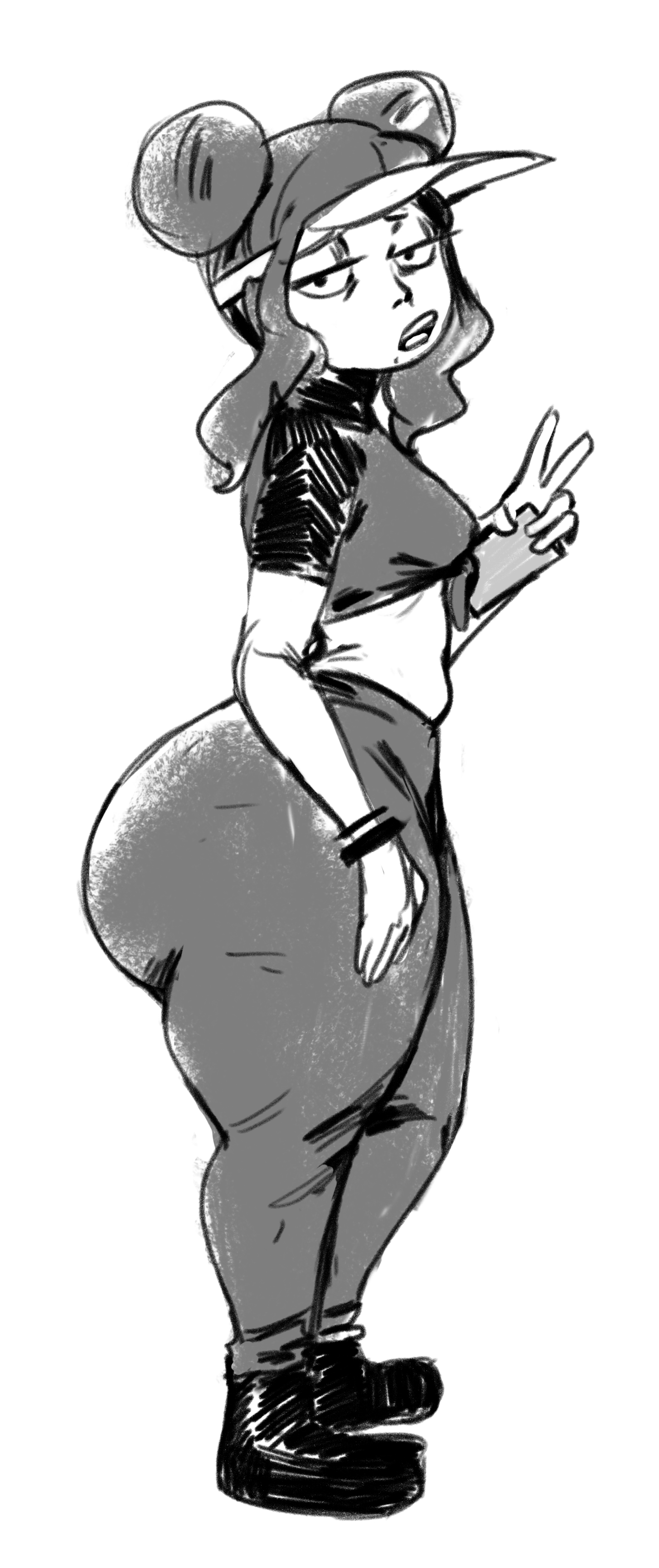 about to burst, ass, ass too big, barely contained, barely contained ass, barely fits, big ass, black and white, boss (gats), bursting butt, curvy female, curvy hips, hair bun, huge ass, huge thighs, imminent wardrobe malfunction, peace sign, pizza thot, redblacktac, shortstack, slightly chubby, slightly chubby female, solo, straining clothing, sweatpants, thick thighs, tight clothes, tight clothing, tight fit, tight pants, too tight, undersized clothes, undersized clothing, visor, wide hipped female, wide hips