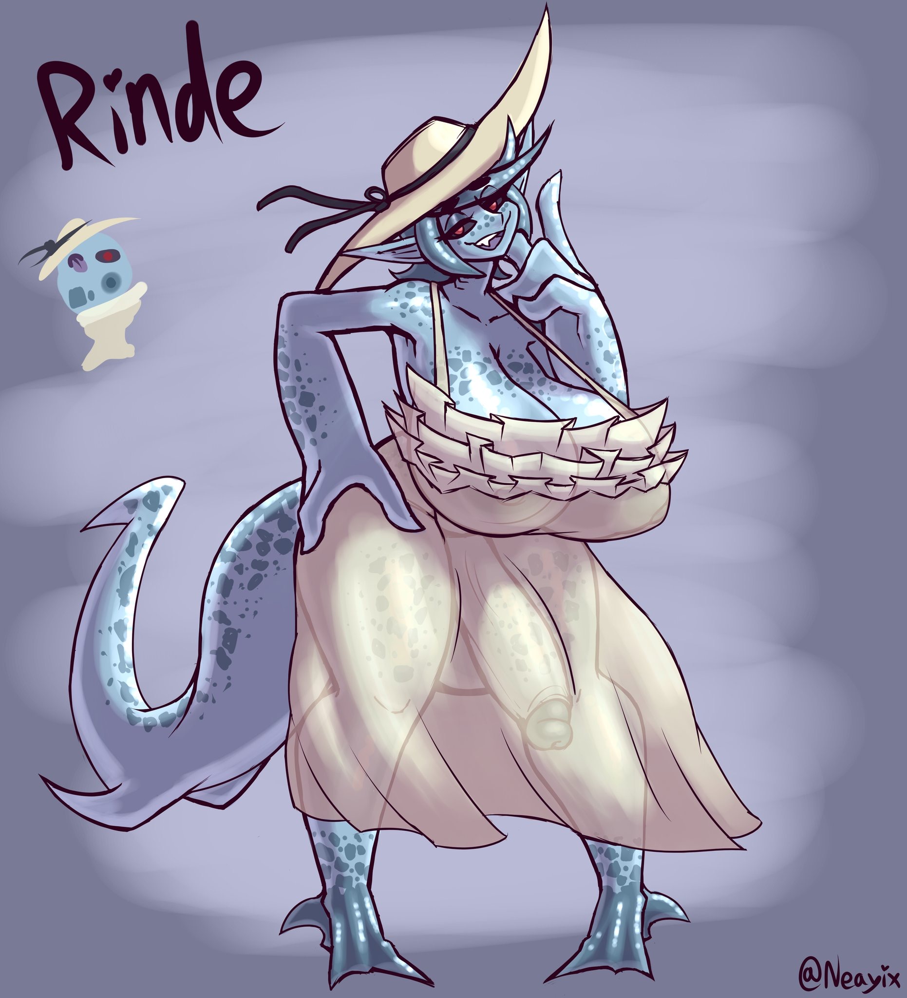 1futa, balls, black sclera, breasts, clothed, clothing, demon, dress, fish tail, full-package futa, fully clothed, futa only, futanari, hand on hip, huge balls, huge breasts, huge cock, humanoid, humanoid penis, intersex, large breasts, large penis, marine, neayix, original character, penis, penis under dress, pointy ears, red eyes, reference sheet, rinde (neayix), scalie, see-through dress, smirk, solo, solo futa, voluptuous, wide hips