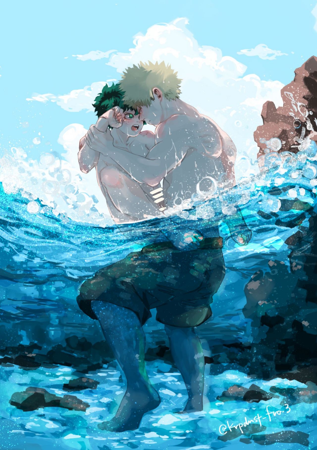 2boys, anal, anal sex, blonde hair, censor bar, censored, censored penis, gay, green eyes, green hair, izuku midoriya, katsuki bakugou, male, male/male, my hero academia, ocean, penis, red eyes, water, yaoi, ふらみ