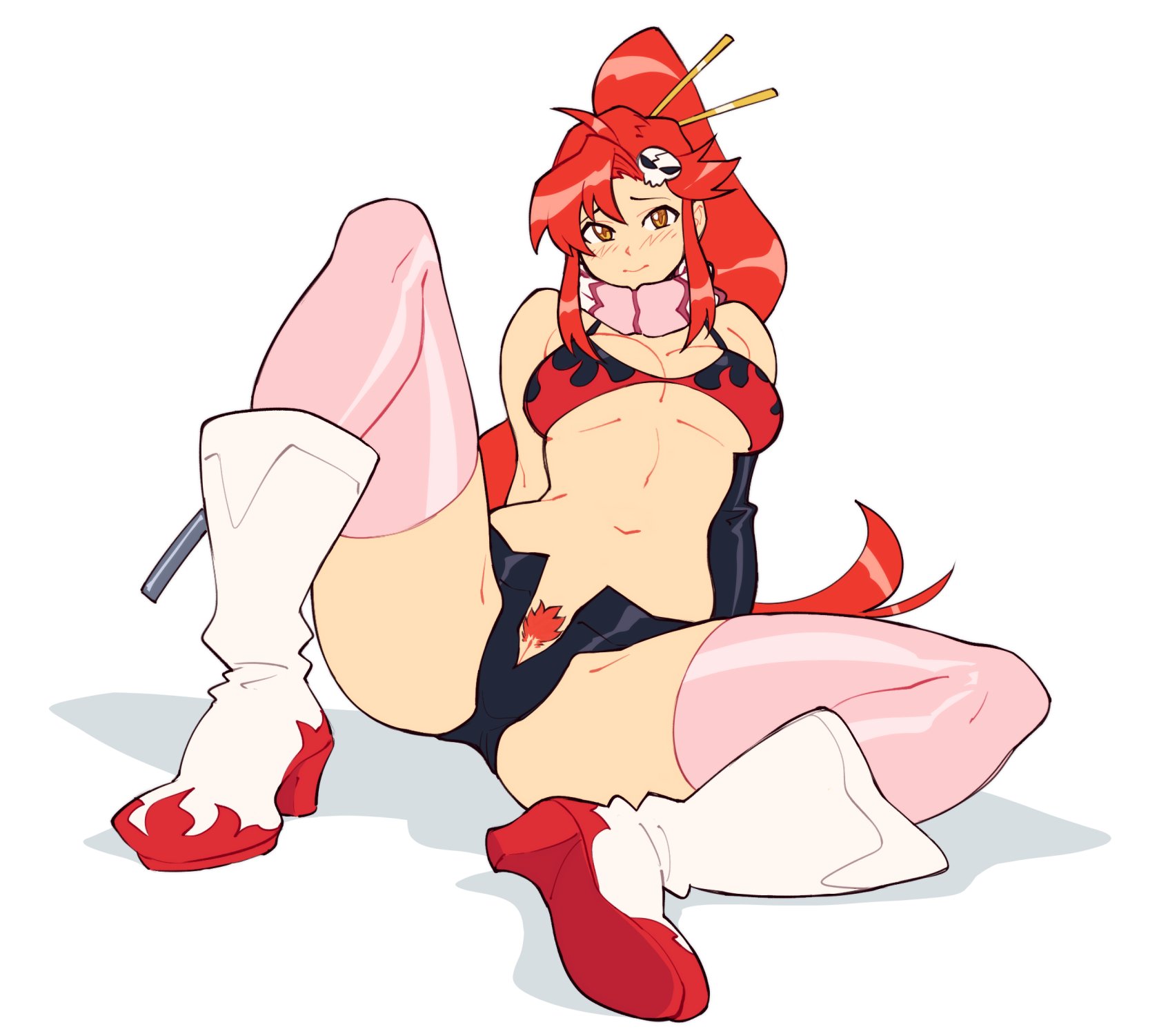 1girls, big breasts, bikini, blush, breasts, embarrassed, female, looking at viewer, presenting, pubic hair, pussy, red hair, shadow, sitting, skull hair ornament, solo, spread legs, suoiresnu, tengen toppa gurren lagann, thighhighs, uncensored, white background, yellow eyes, yoko littner