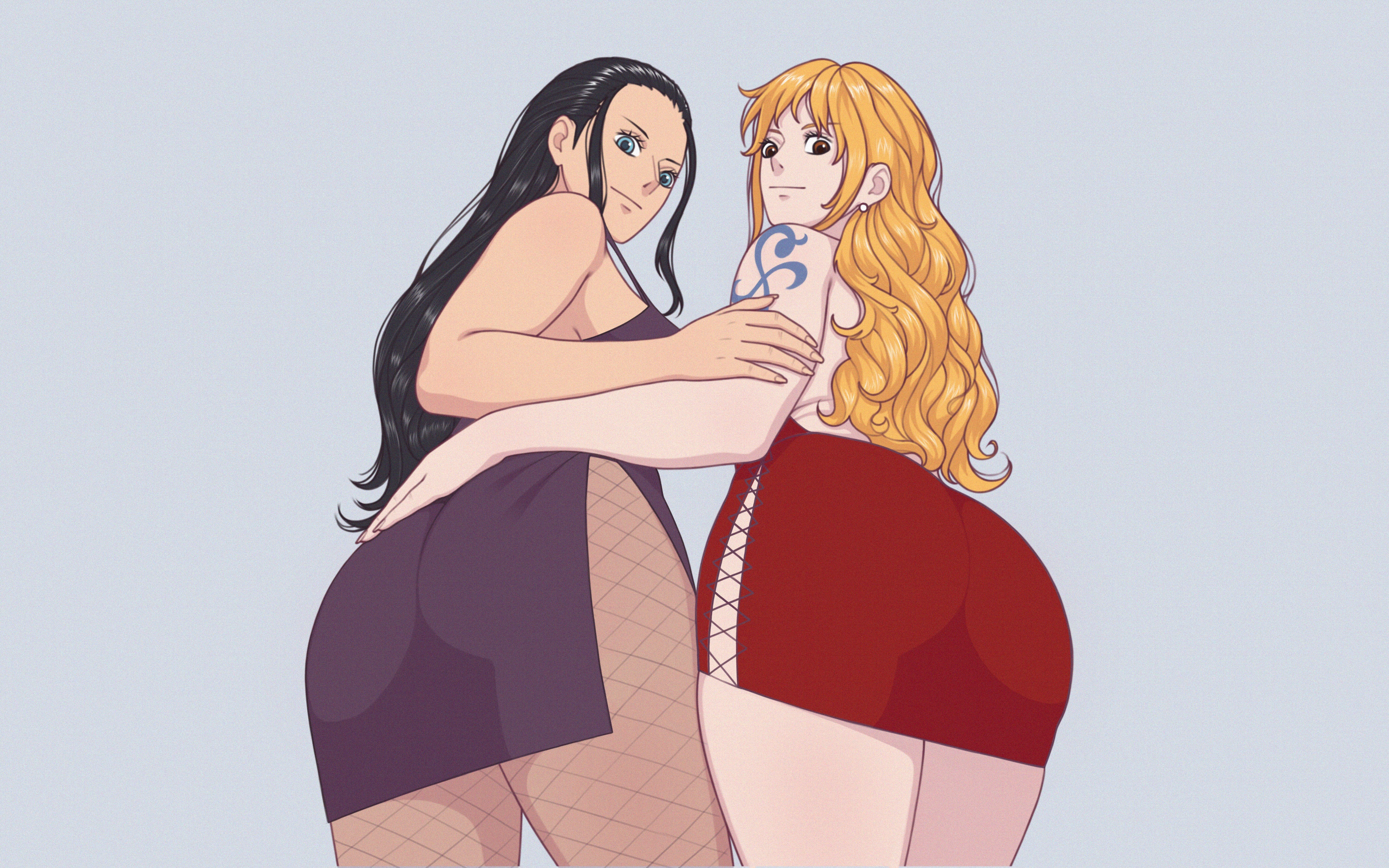2girls, ass, big ass, female, female only, fishnet pantyhose, multiple females, multiple girls, nami (one piece), nico robin, one piece, post-timeskip, reserexerion