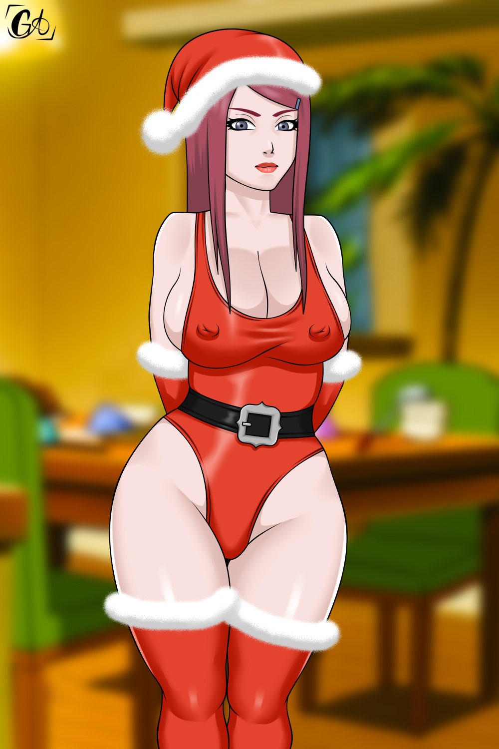 1girls, arm sleeves, arms behind back, bare shoulders, belt, big breasts, breasts, christmas, christmas outfit, cleavage, curvy, curvy figure, female, female only, fur, grizzlyart, hat, hourglass figure, indoors, leotard, lipstick, long hair, looking at viewer, makeup, milf, mother, naruto, naruto (series), naruto shippuden, purple hair, red hair, revealing clothes, santa costume, santa hat, stockings, uzumaki kushina, visible nipples, white fur, wide hips