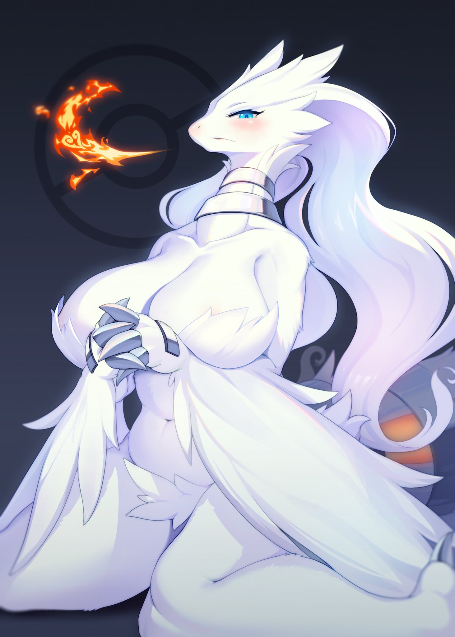 1girls anthro aqua_eyes big_breasts blue_eyes blush choker dragon female female_only fire hi_res interlocked_fingers kneeling legendary_pokémon looking_at_viewer milf narrowed_eyes nintendo pokémon_(species) pokemon pokemon_bw reshiram solo solo_female voluptuous white_dragon white_fur whooo-ya