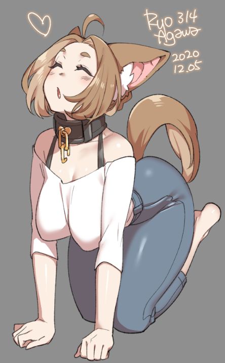 1girls, animal ears, ass, bent over, big ass, big breasts, blush, bra, breasts, brown fur, brown hair, claws, closed eyes, clothed, clothing, collar, cute, cute fang, female, female only, fluffy, fluffy tail, fully clothed, fur, humanoid, kemonomimi, looking up, nipples, open mouth, pale skin, ryo agawa, simple background, sitting, solo, sweat, tail, tailwag, tongue, wolf, wolf ears, wolf tail