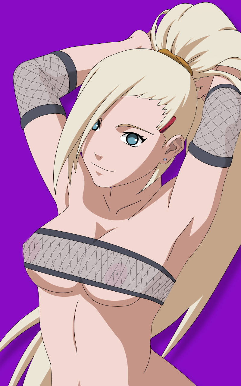 1girls, areolae, armpits, arms up, bangs, big breasts, blonde hair, blue eyes, breasts, cleavage, elbow pads, female, female only, hair over one eye, ino yamanaka, long hair, looking at viewer, naruto, naruto (series), naruto shippuden, nipples, ponytail, purple background, revealing clothes, see-through, see-through clothing, simple background, smile, solo, temari2, tied hair, touching hair, tubetop, upper body