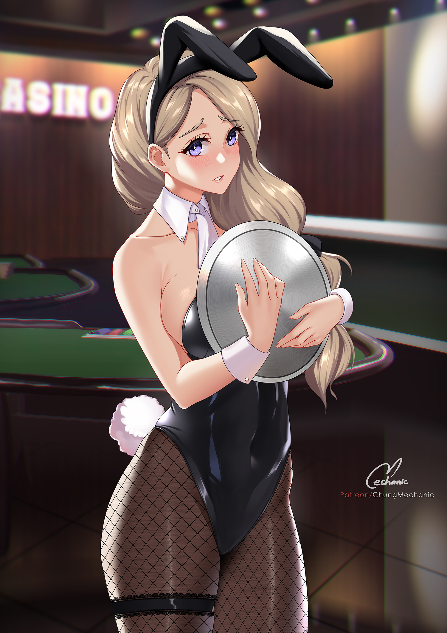 1girls, animal ears, bare shoulders, blonde hair, blue eyes, breasts, bunny ears, bunny girl, bunny tail, bunnysuit, casino, chungmechanic, collarbone, covered navel, cowboy shot, detached collar, eyebrows visible through hair, eyelashes, fake animal ears, female, fire emblem, fire emblem: three houses, fishnet legwear, fishnet stockings, fishnets, hair over shoulder, headband, highres, holding, indoors, large breasts, leg garter, leotard, long hair, looking at viewer, mercedes von martritz, nintendo, pantyhose, playboy bunny, side ponytail, sideboob, solo, standing, tail, tied hair, tray, wrist cuffs