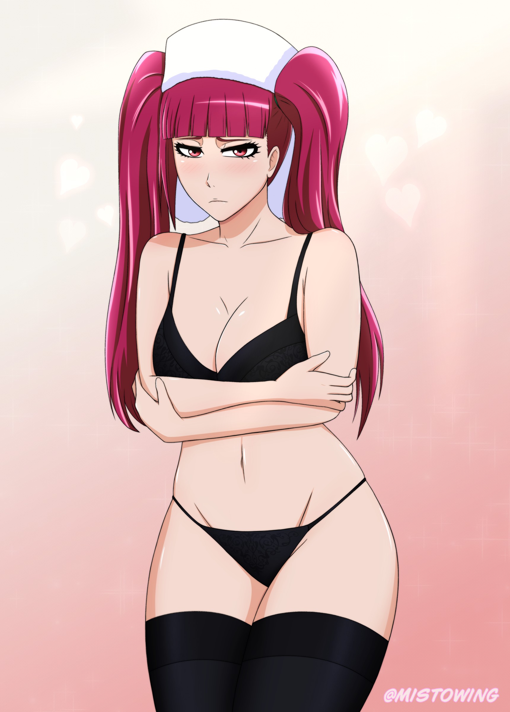 1girls, arms under breasts, bare shoulders, big breasts, bleach, blush, bra, breasts, cleavage, collarbone, crossed arms, dokugamine riruka, embarrassed, eyelashes, female, female only, hat, lingerie, long hair, looking at viewer, magenta eyes, magenta hair, matching hair/eyes, mistowing, panties, stockings, thighhighs, tied hair, twintails, underwear