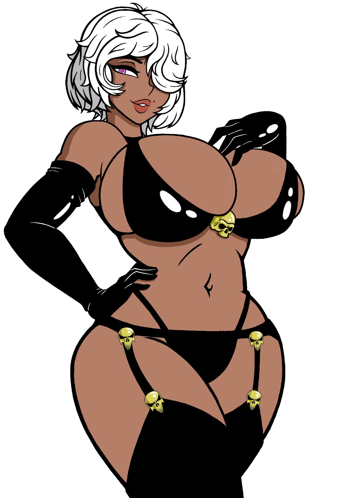 1girls, ass, big ass, big butt, big penis, bikini, breasts, cosplay, dark skin, dark-skinned female, domina athelia (draw is dope), draw is dope, female, garter belt, gloves, hair over one eye, hand on hip, huge breasts, lady death, male, penis, posing, purple eyes, short hair, standing, tan, tanned, tanned skin, thick thighs, white hair, wide hips