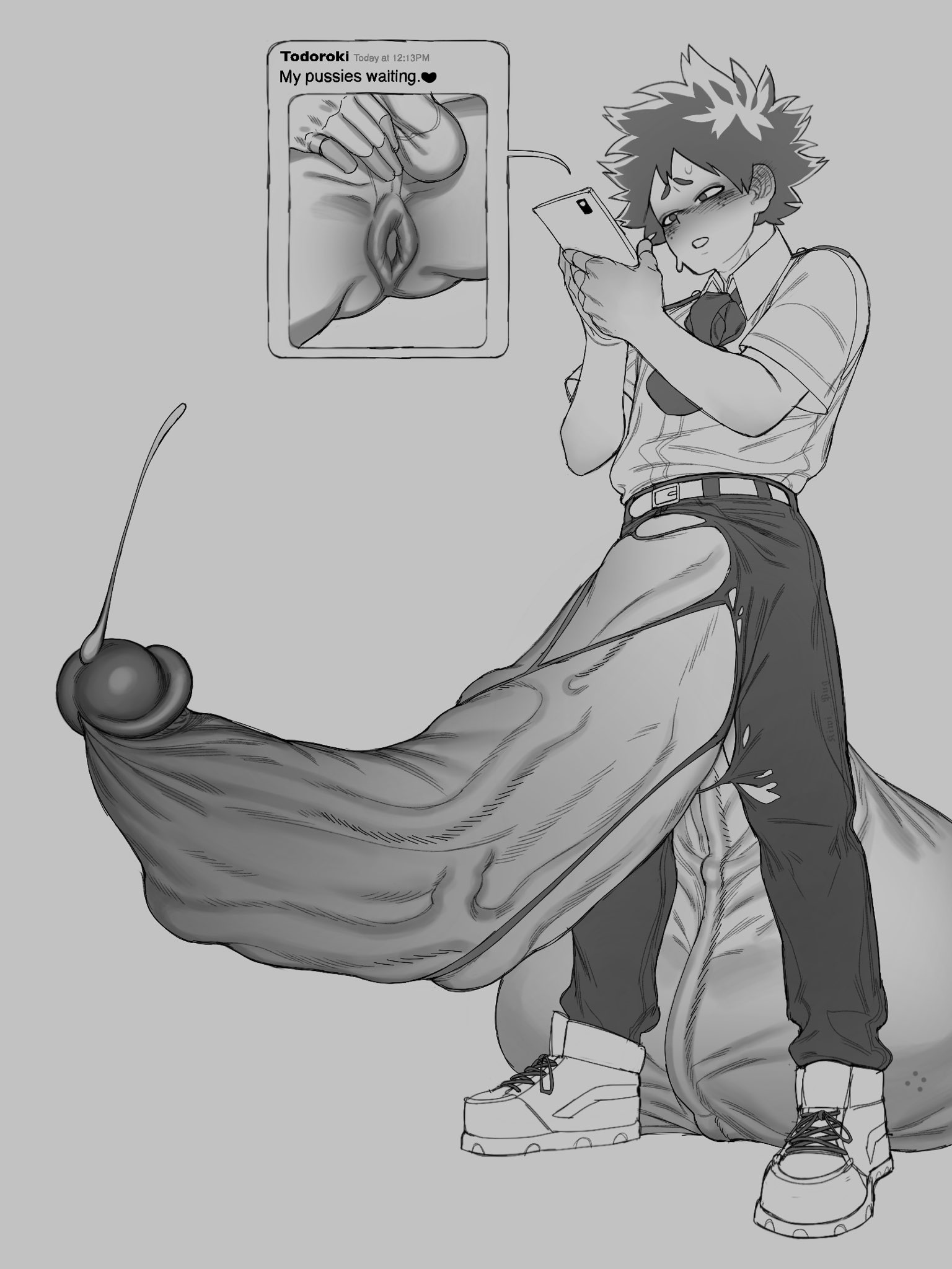 2boys, anus, balls, balls behind legs, balls on ground, balls to ground, clothed, clothing, erection, gaping, gaping anus, gay, huge balls, huge penis, hyper balls, hyper penis, izuku midoriya, kiwi pug, male, male only, male showing anus, multiple males, my hero academia, penis, ripped clothing, ripped pants, sexting, shounen jump, shouto todoroki, tagme, text, texting, yaoi