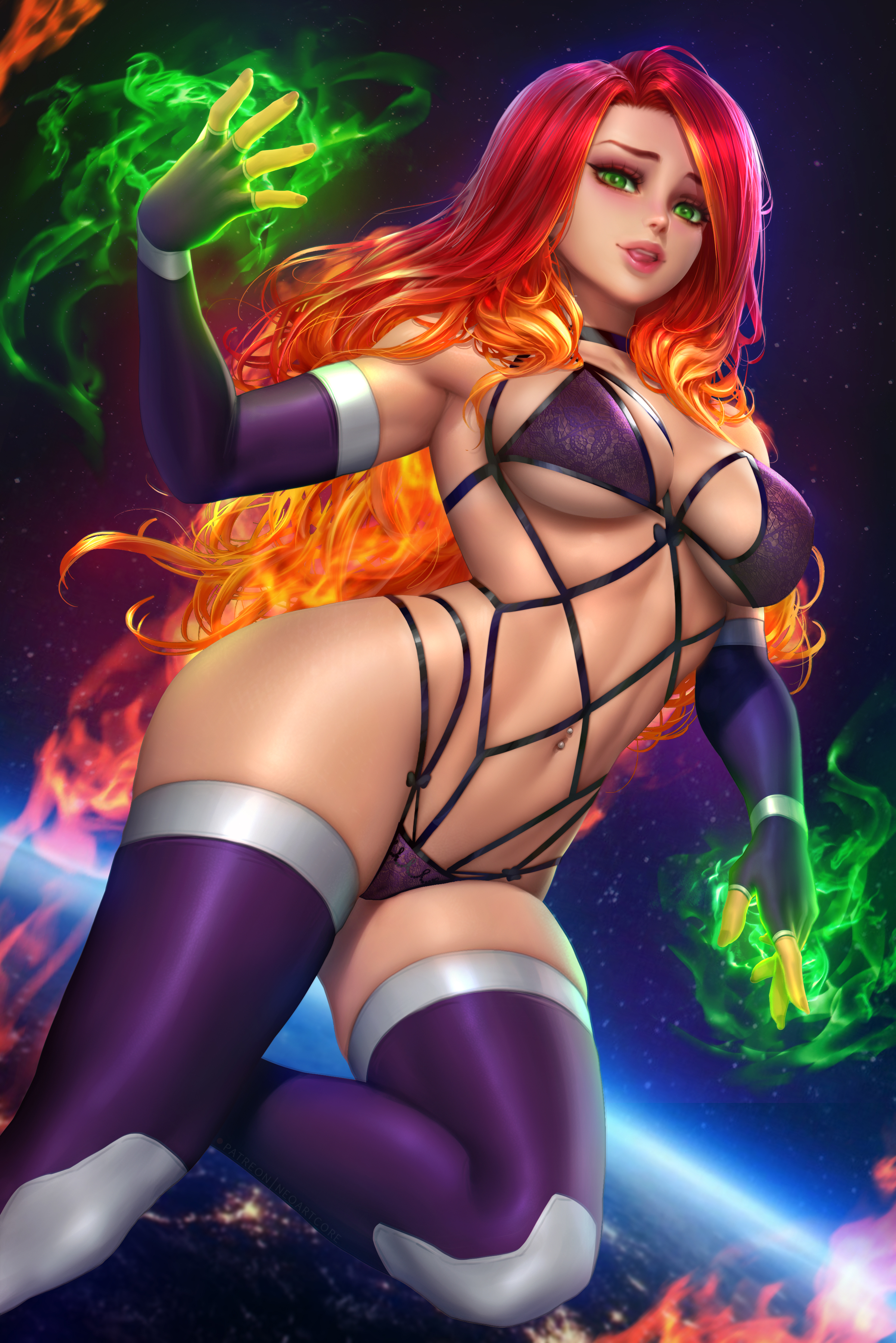 1girls, absurd res, bra, breasts, dc, dc comics, female, female only, green eyes, hi res, koriand'r, lingerie, long hair, medium breasts, navel, navel piercing, neoartcore, orange hair, paid reward, panties, patreon reward, red hair, solo, solo female, starfire, starfire (comics), teen titans