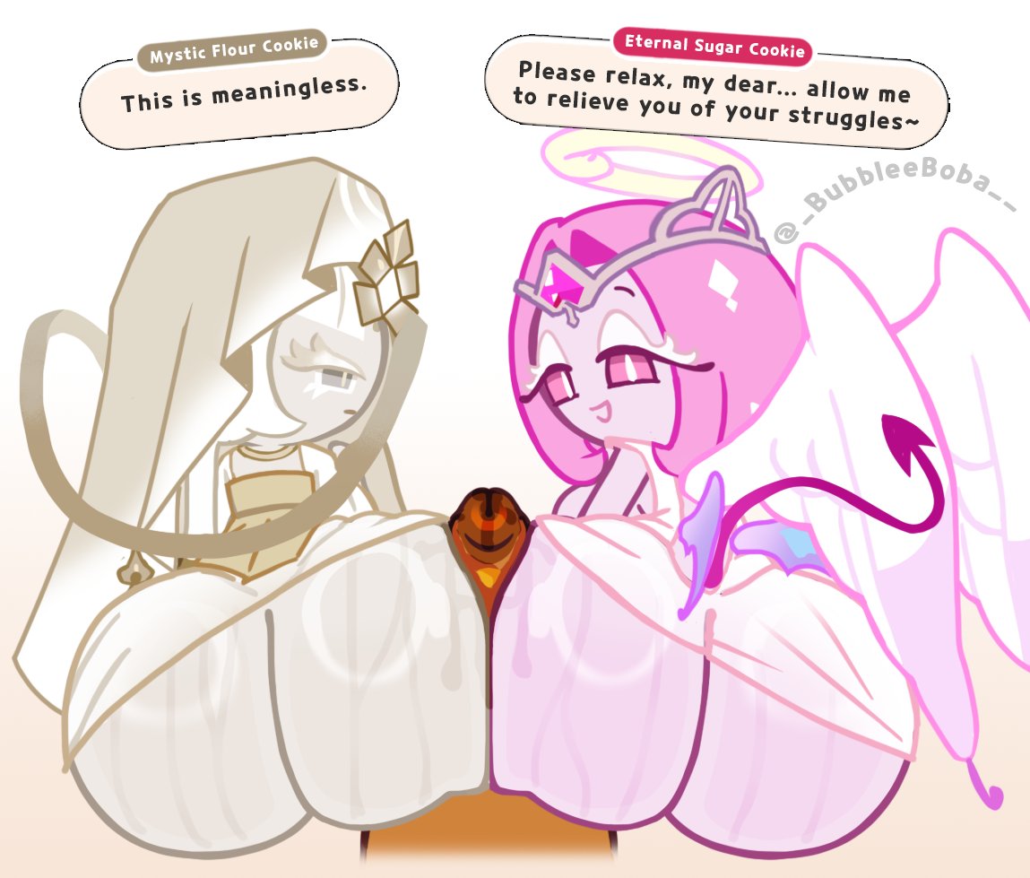 1boy, 2026, 2girls, 2girls1boy, alternate version at source, alternate version available, assjob, bobababu, cookie run, cookie run kingdom, double assjob, eternal sugar cookie, mystic flour cookie, sweat, sweating, sweaty, sweaty ass, tagme