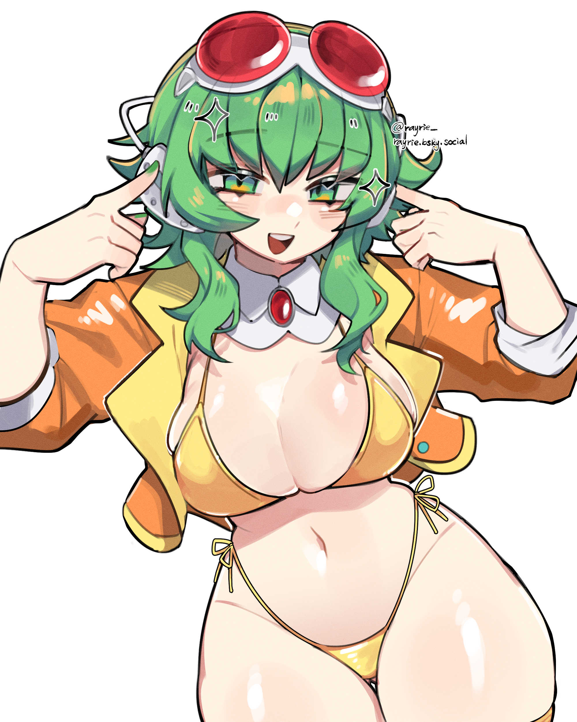 goggles on head, golden bikini, golden week, green eyes, green hair, gumi, large boobs, large breasts, rayrie, tagme, vocaloid, wide hips