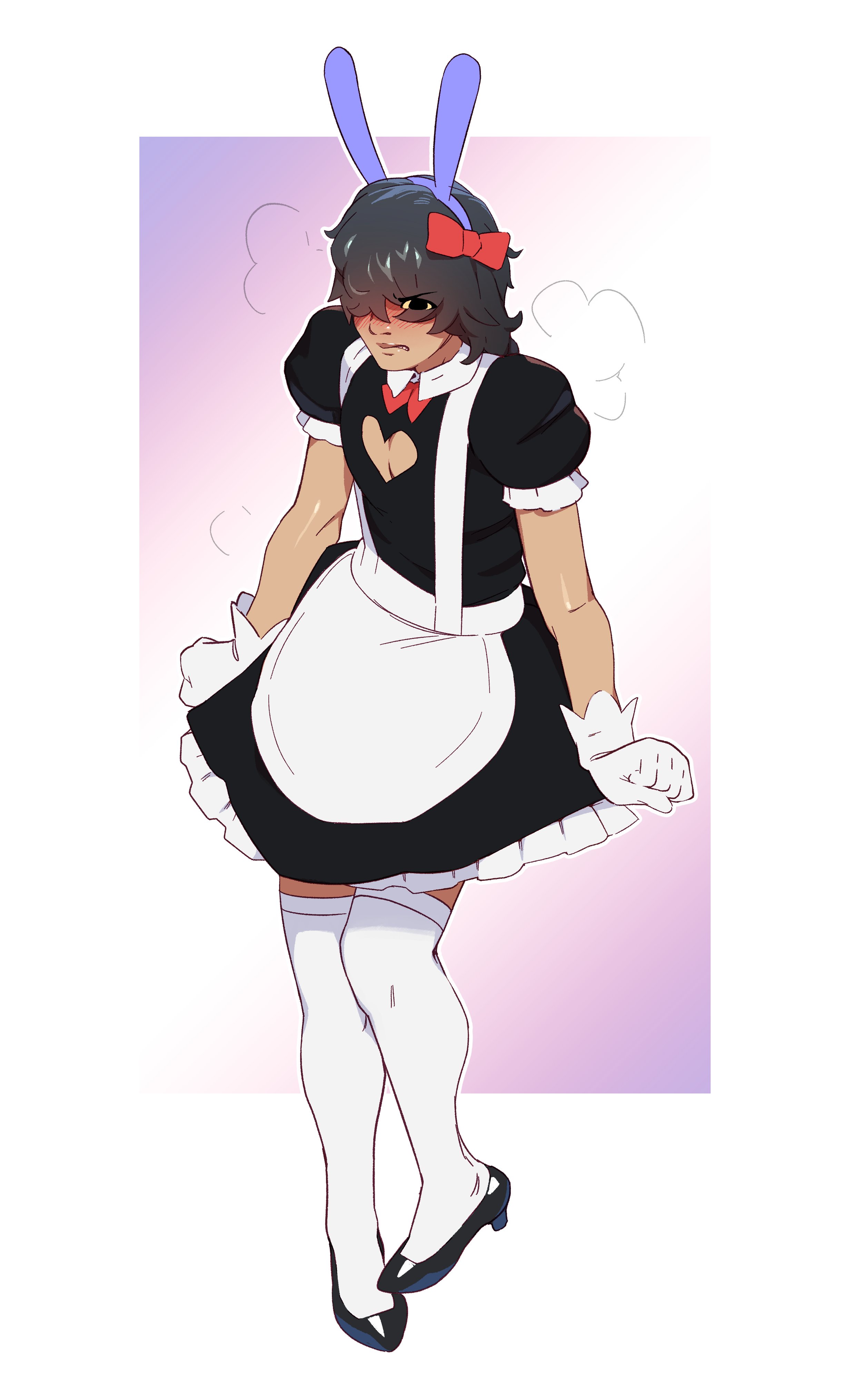 1girl, absurd res, animal ear hairband, black eyes, black hair, blush, combos-n-doodles, female, female jax, female only, full body, glitch productions, gloves, gooseworx's post-transition jax design, hair over one eye, hair ribbon, heels, human, jax (the amazing digital circus), maid, maid uniform, otoko no ko, rabbit ears, solo, stockings, stockings thigh highs, the amazing digital circus, thigh highs, thighhighs, transfem, transgender woman, transwoman, white background, white stockings