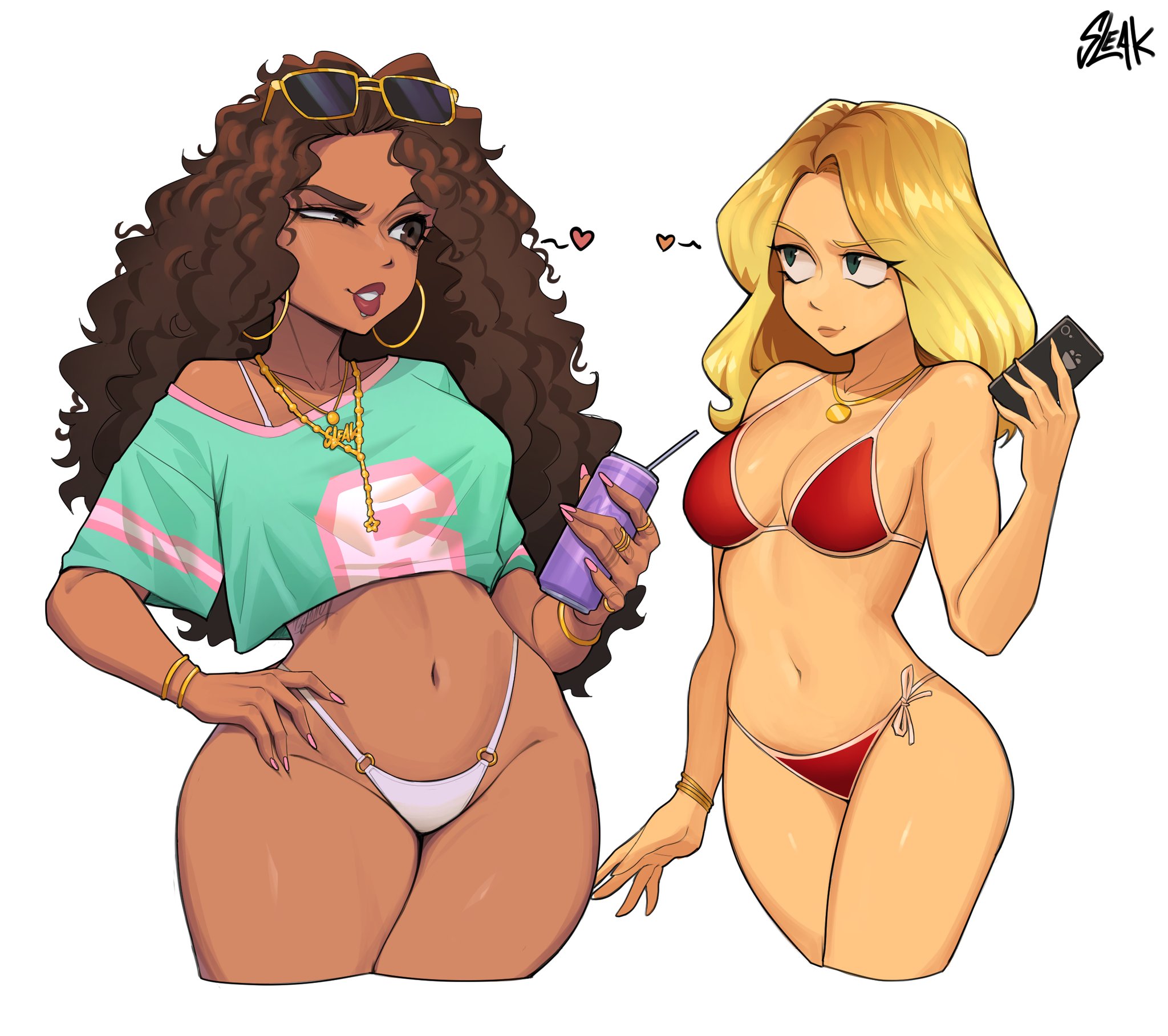 bikini, blonde female, blonde hair, curly hair, dark-skinned female, drink, female, female only, grand theft auto v, grand theft auto vi, gta vi cover girl, gtav cover girl, long hair, red bikini, sleakj3, thick hips, thin female