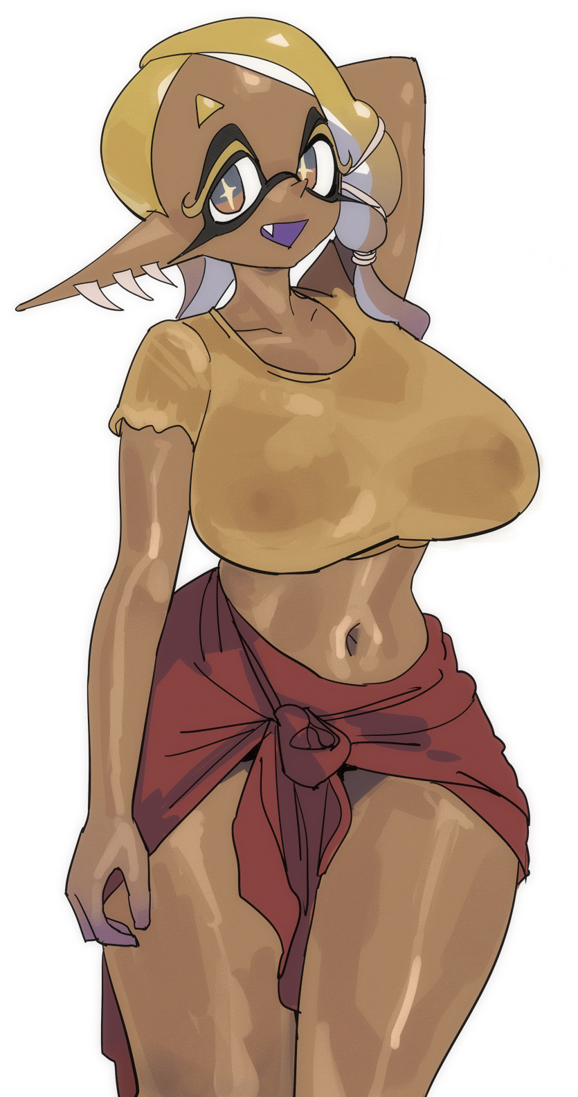 1girls, big breasts, breasts, dark skin, dark-skinned female, female, frye (splatoon), hips, huge breasts, inkling, nintendo, short hair, splatoon, splatoon (series), splatoon 3, tentacle hair, thick thighs, thighs, wide hips, yellow eyes, yellow hair, yuta agc