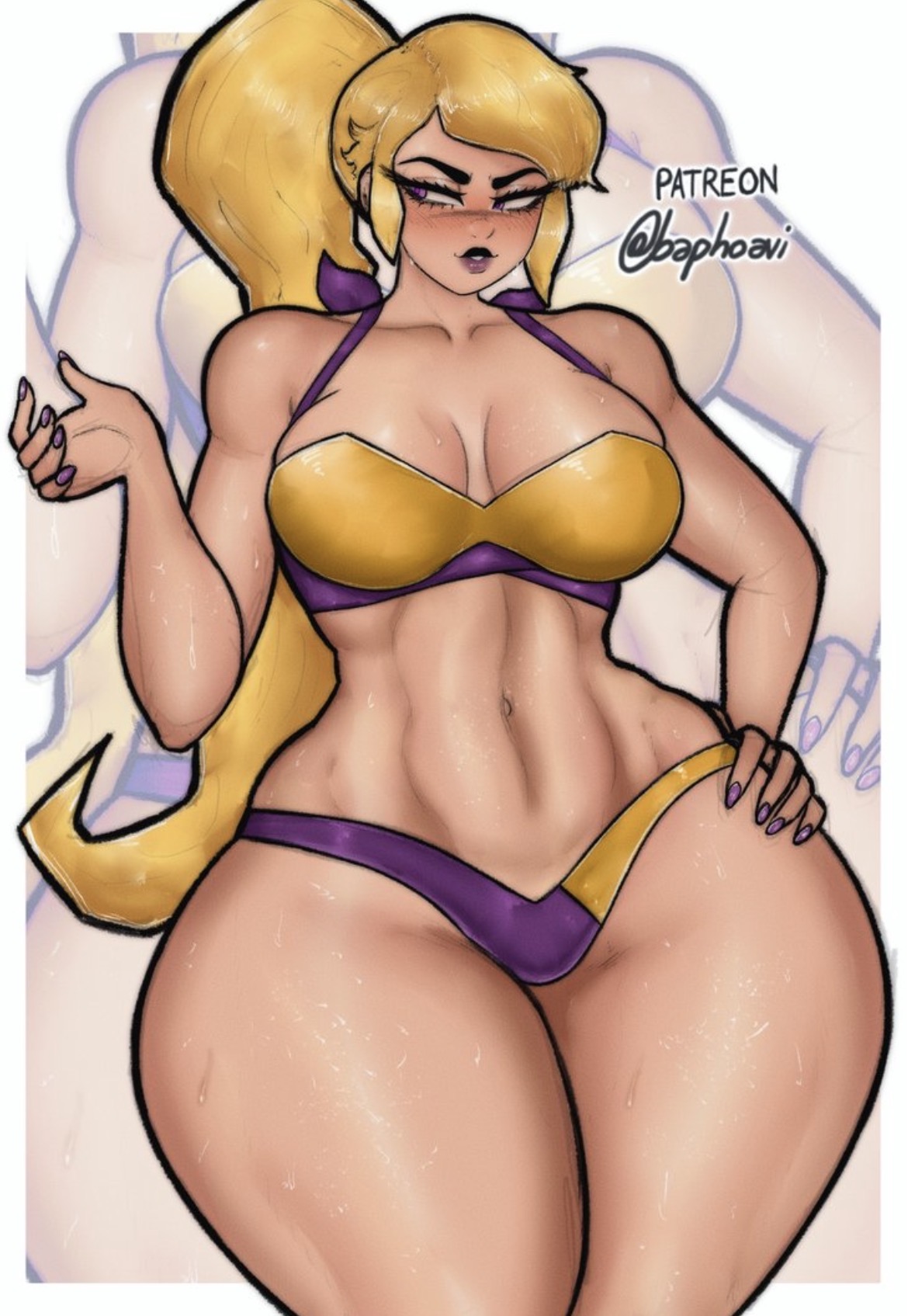 baphoavi, belly, belly button, blonde hair, blush, bra, curvy, curvy female, gameoverse, hand on hip, hips wider than shoulders, juicy lips, long hair, medium breasts, miss information (gameoverse), painted nails, panties, ponytail, purple and yellow, purple lipstick, solo, thick thighs, thighs bigger than head, tummy, wide hips