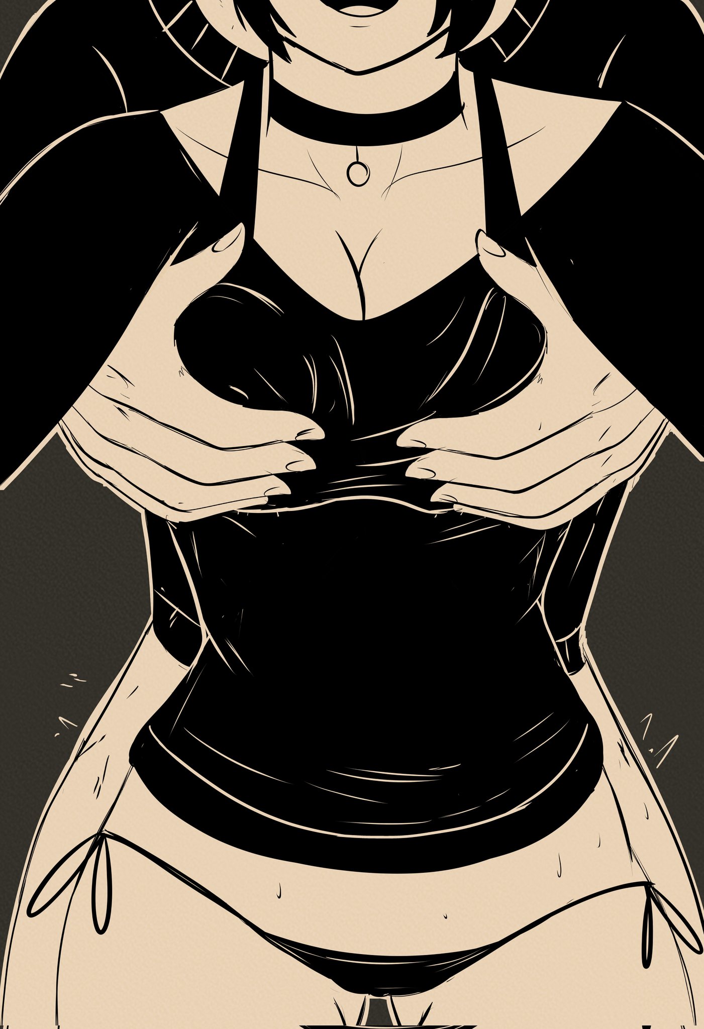 1boy, 1girls, 2d, andrew graves, ashley graves, black hair, bottomless, breasts, brother and sister, choker, cleavage, female, fuzzlogik, groping, groping breasts, groping from behind, incest, male, panties, siblings, straight, the coffin of andy and leyley