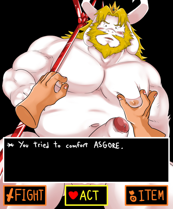 anthro asgore_dreemurr bara beard belly blonde_hair blush bovid caprine chubby chubby_male crown disembodied_hand duo english_text erection facial_hair foreskin gay genitals goat hair horn horns male male_only mammal melee_weapon musclegut navel nipple_fetish nipple_pinch nipple_play nipples pecs penis pinch polearm rampie royalty text trident undertale video_games weapon yaoi yellow_hair