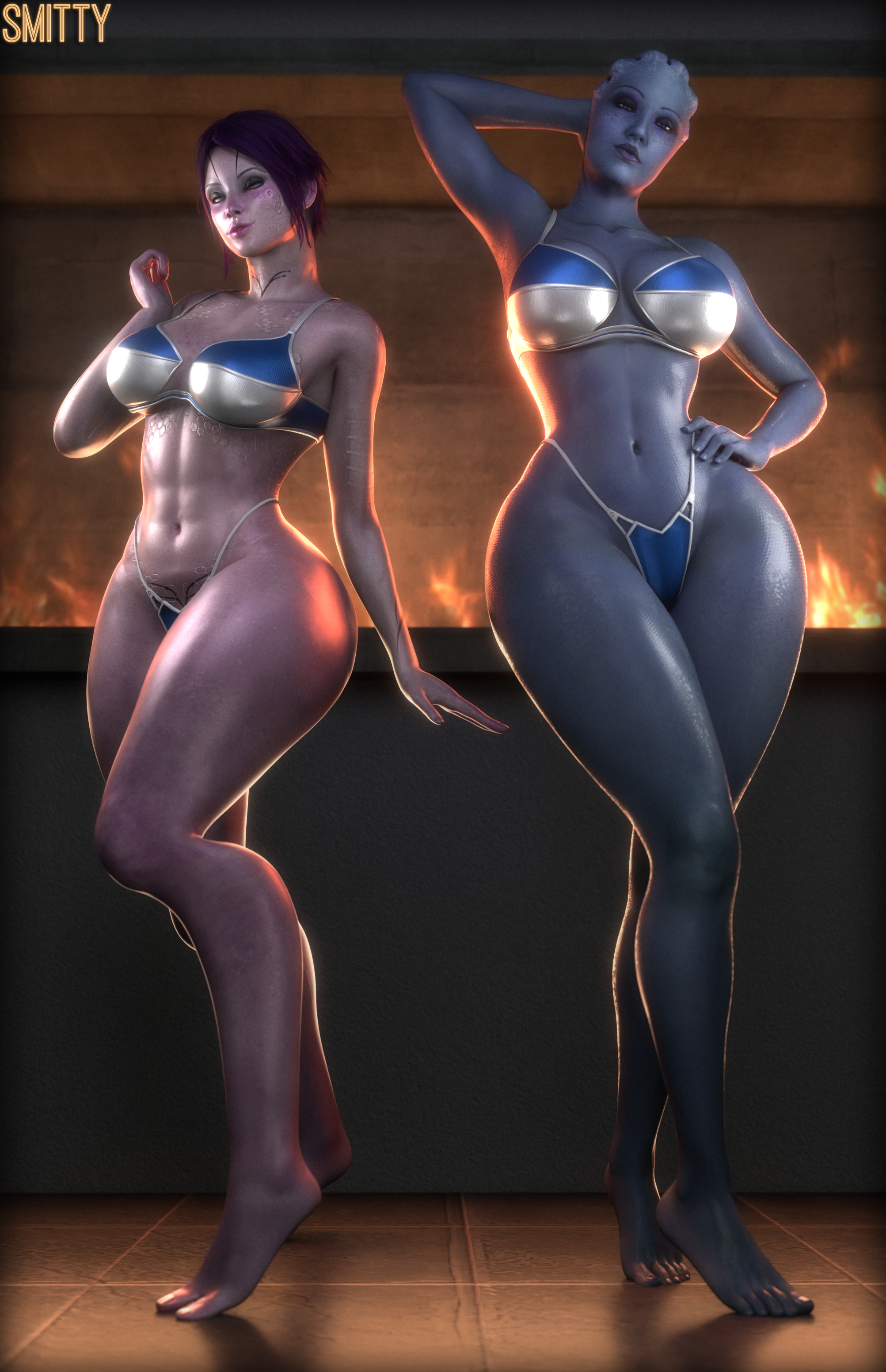 3d, 3d (artwork), alien, alien girl, asari, bikini, blender (software), high waisted thong, large breasts, liara t'soni, mass effect, smitty34, tali'zorah nar rayya, thick thighs, thighs, thong, thong bikini