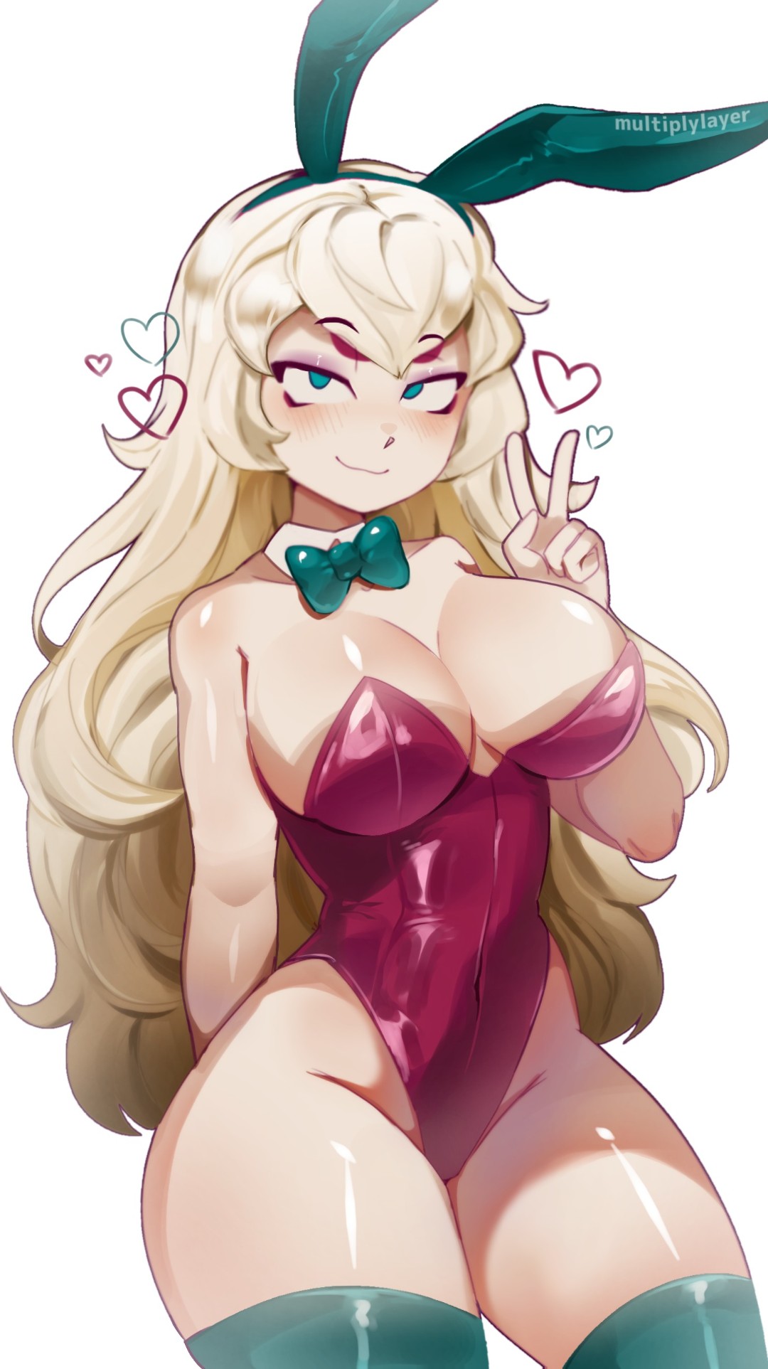1girls, areola, areolae, belly, belly button, blonde, blonde female, blonde hair, blonde-haired female, brawl stars, breasts, breasts out, bunny ears, bunnysuit, charlie (brawl stars), clothed, costume, ears, female only, green eyes, green stockings, green tie, heart, hearts around head, larger female, light skin, light-skinned female, long hair, looking up, makeup, multiplylayer, red suit, solo, solo female, solo focus, stockings, straight hair, suit, suit and tie, thick thighs, thighs, tie, v, v sign, white background