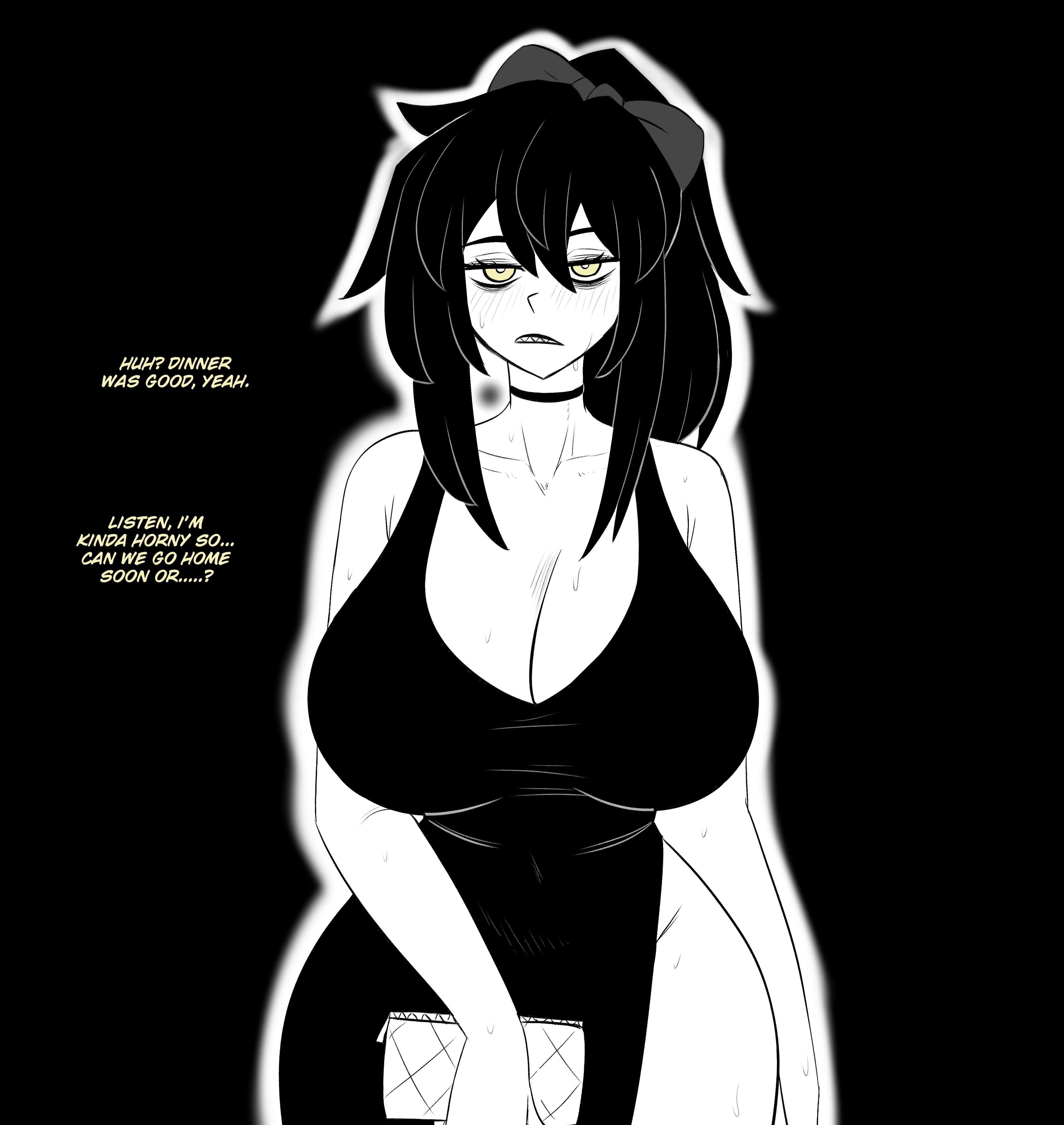 1girls, big breasts, black background, black dress, black hair, blush, breasts, cleavage, clothing, dress, english, english text, female, female only, green eyes, hair, hair ribbon, holding object, huge breasts, long hair, mature, mature female, mature woman, milf, mother, renee graves, sharp teeth, solo, solo female, sweat, sweatdrop, sweaty, teeth, text, the coffin of andy and leyley, tied hair, truelordpotato, wide hips