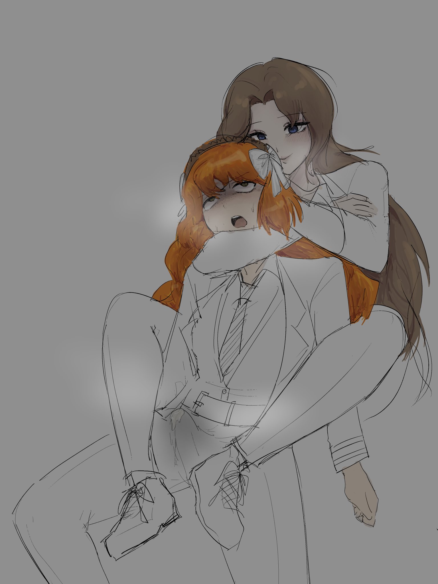 1futa, 2girls, arms around neck, asphyxiation, blue eyes, brown hair, choke hold, chokehold, choking, cum, cum under clothes, ejaculation, ejaculation under clothes, erection, erection under clothes, erotic asphyxiation, eyes rolling back, fully clothed, futanari, green eyes, handsfree ejaculation, ishmael (limbus company), limbus company, long hair, open mouth, orange hair, penis, project moon, rodion (limbus company), smile, smiling, smiling at partner, sweat, tie, unconscious, work uniform, yuri