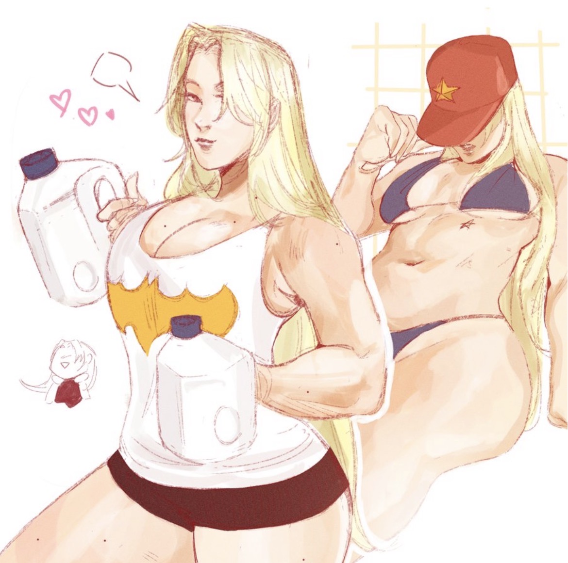 batman, big breasts, bikini, blonde hair, busty, busty female, curvy, curvy female, hat, hearts, jujutsu kaisen, long hair, milk, shirts, t-shirt, thick thighs, wide hips, yuki tsukumo