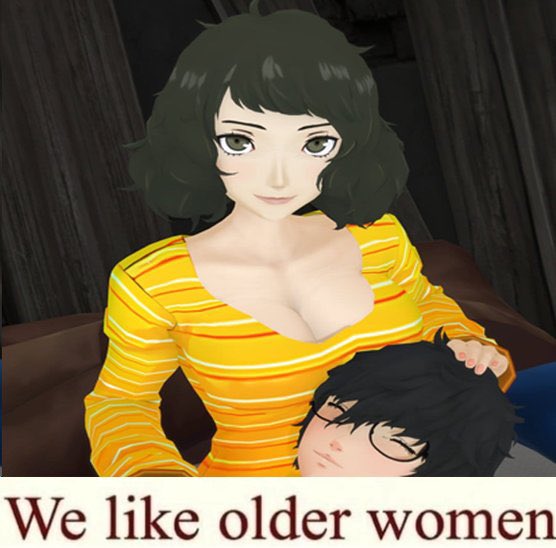 3d, artist name, artist signature, asian, asian female, atlus, brown hair, caressing head, cleavage, cleavage cutout, fluffy hair, glasses, intimate, large breasts, long sleeves, medium hair, milf, mommy, mommy kink, motherly figure, older female, persona, persona 5, ren amamiya, resting head, resting on belly, resting on partner, sadayo kawakami, school teacher, sitting on lap, smiling, smiling at viewer, sweater, tagme, teacher, teacher and student, younger male