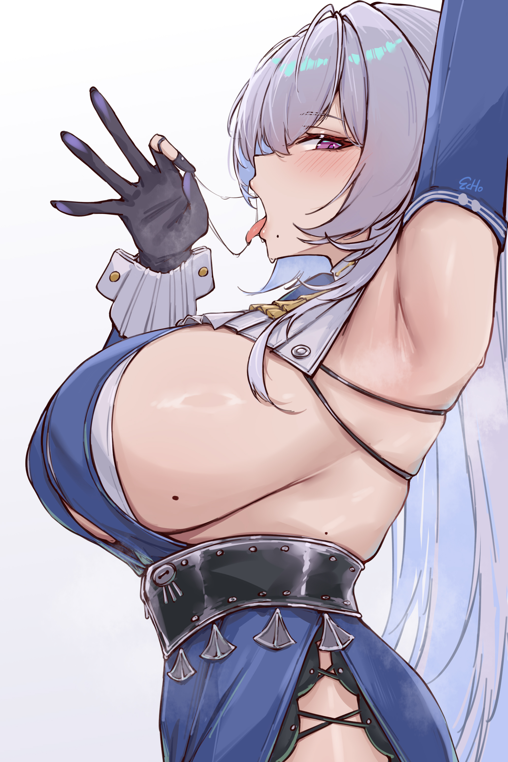 1girl, absurdres, arm up, armpits, artist name, belt, black belt, blue dress, blush, breasts, commentary request, cowboy shot, detached sleeves, dress, e.c.ho, fellatio gesture, from side, grey hair, hair between eyes, highres, large breasts, long hair, looking at viewer, mole, mole on breast, mole under mouth, multiple moles, open mouth, presenting own armpit, purple eyes, saliva, saliva trail, side slit, sideboob, sideways glance, simple background, solo, tongue, tongue out, velina airgid, white background, zenless zone zero