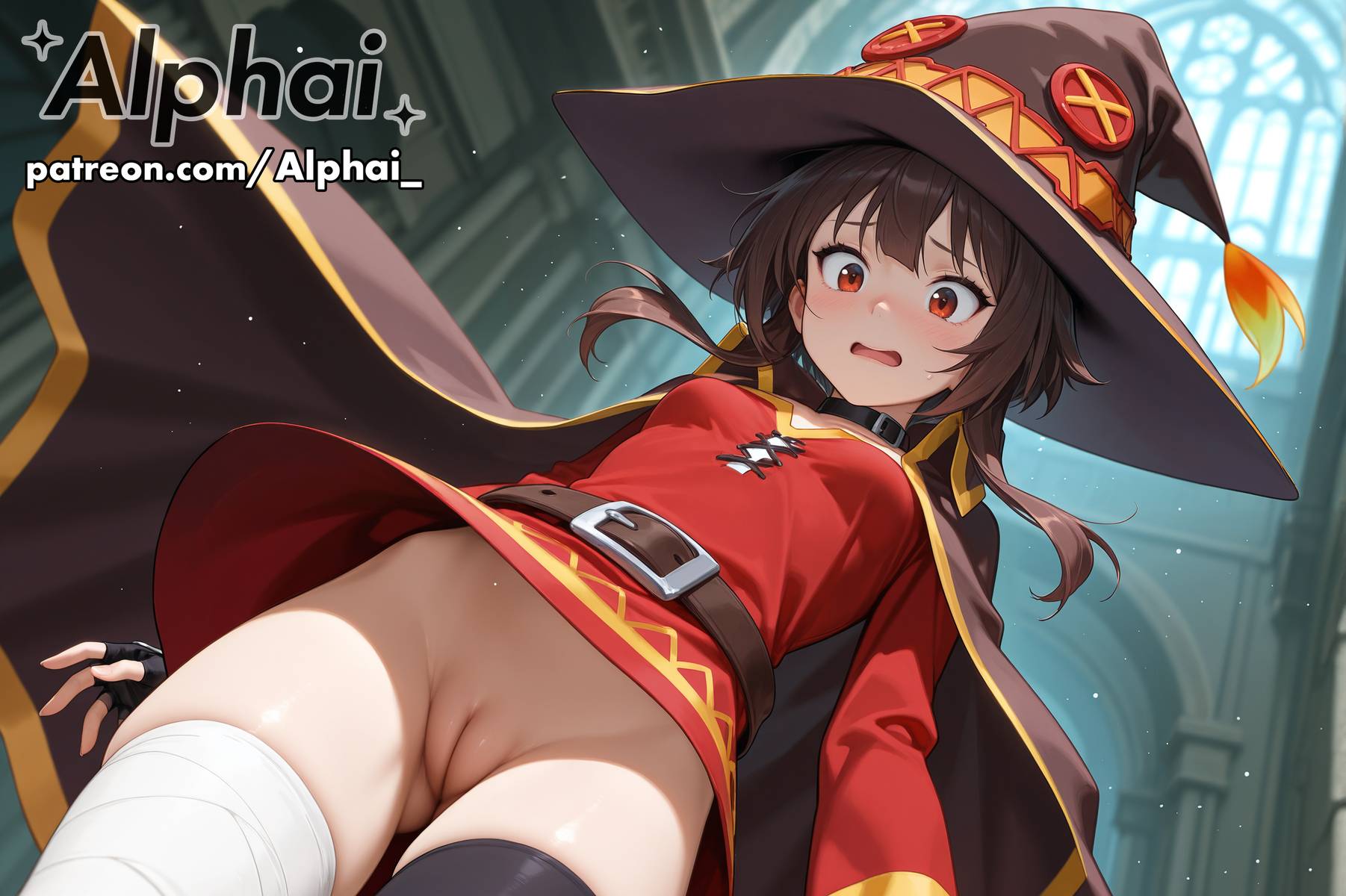 1girl, 2025, 2026, 4k, absurd res, absurdres, ai, ai art, ai assisted, ai generated, ai-created, ai-generated, alphai, anime, ass visible through thighs, bandaged leg, bandages, belt, black choker, black gloves, black headwear, blushing, breasts, brown hair, brown headwear, cape, centered character, choker, cinematic lighting, cleft of venus, close-up, colorful background, cowboy shot, depth of field, detailed hair, detailed skin, detailled background, dramatic shadows, dress, embarrassed, eyelashes, eyeliner, female face, female only, fingerless gloves, flying hair, from below, gloves, hat, high quality, high resolution, highres, kono subarashii sekai ni shukufuku wo!, konosuba, long sleeves, looking at viewer, looking down, low angle, megumin, naughty face, no panties, open mouth, particles, patreon, patreon link, patreon url, patreon username, pussy, raised eyebrows, red dress, red eyes, seductive eyes, short dress, short hair, short hair with long locks, single thighhigh, small breasts, solo, surprised expression, thigh gap, thighhighs, volumetric lighting, watermark, wide eyed, wind, wind lift, witch hat