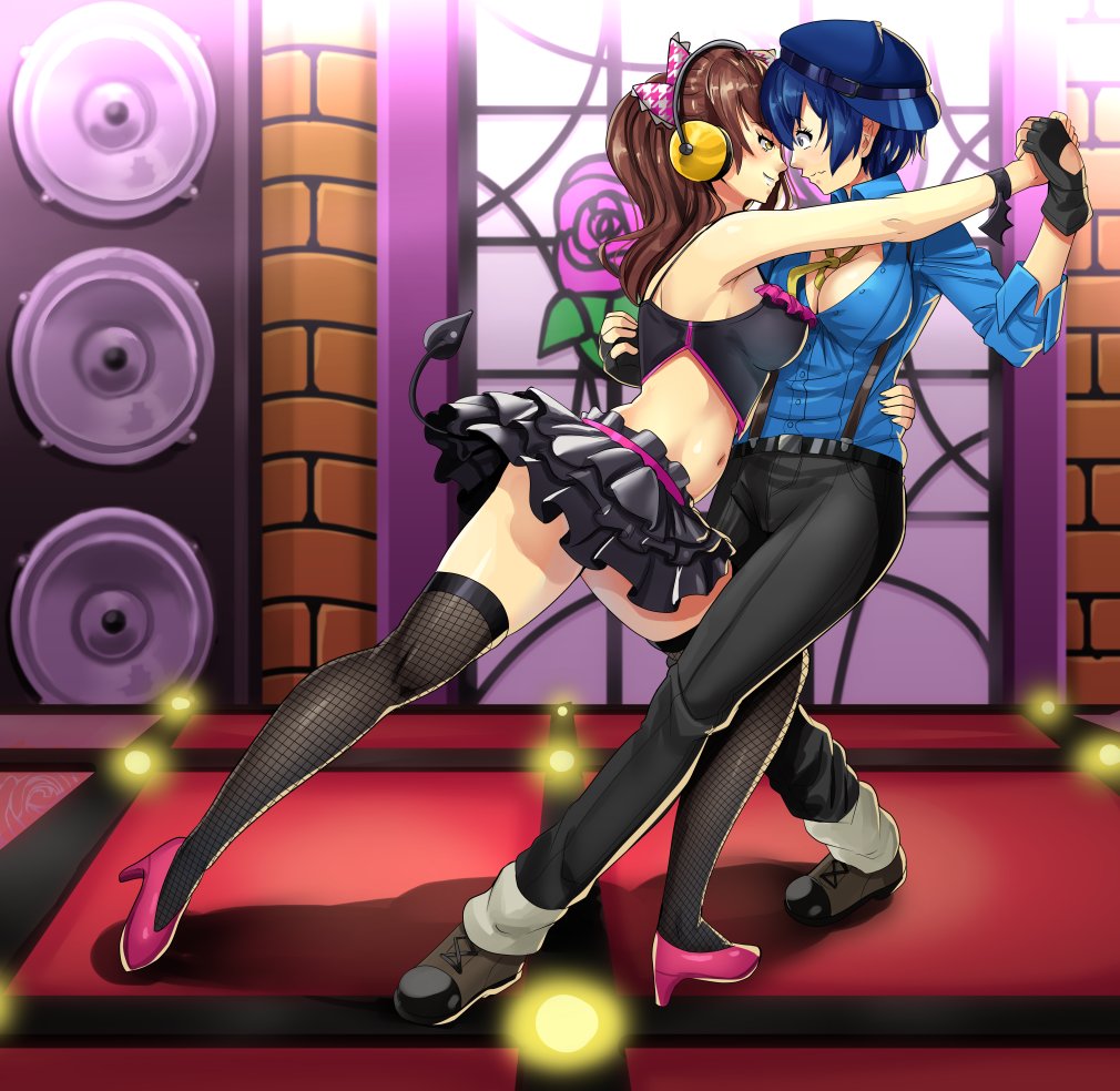 2girls atlus blue_hair brown_hair dancing heels high_heels holding_hands kujikawa_rise long_hair nico-mo persona persona_4 persona_4:_dancing_all_night shirogane_naoto short_hair tomboy