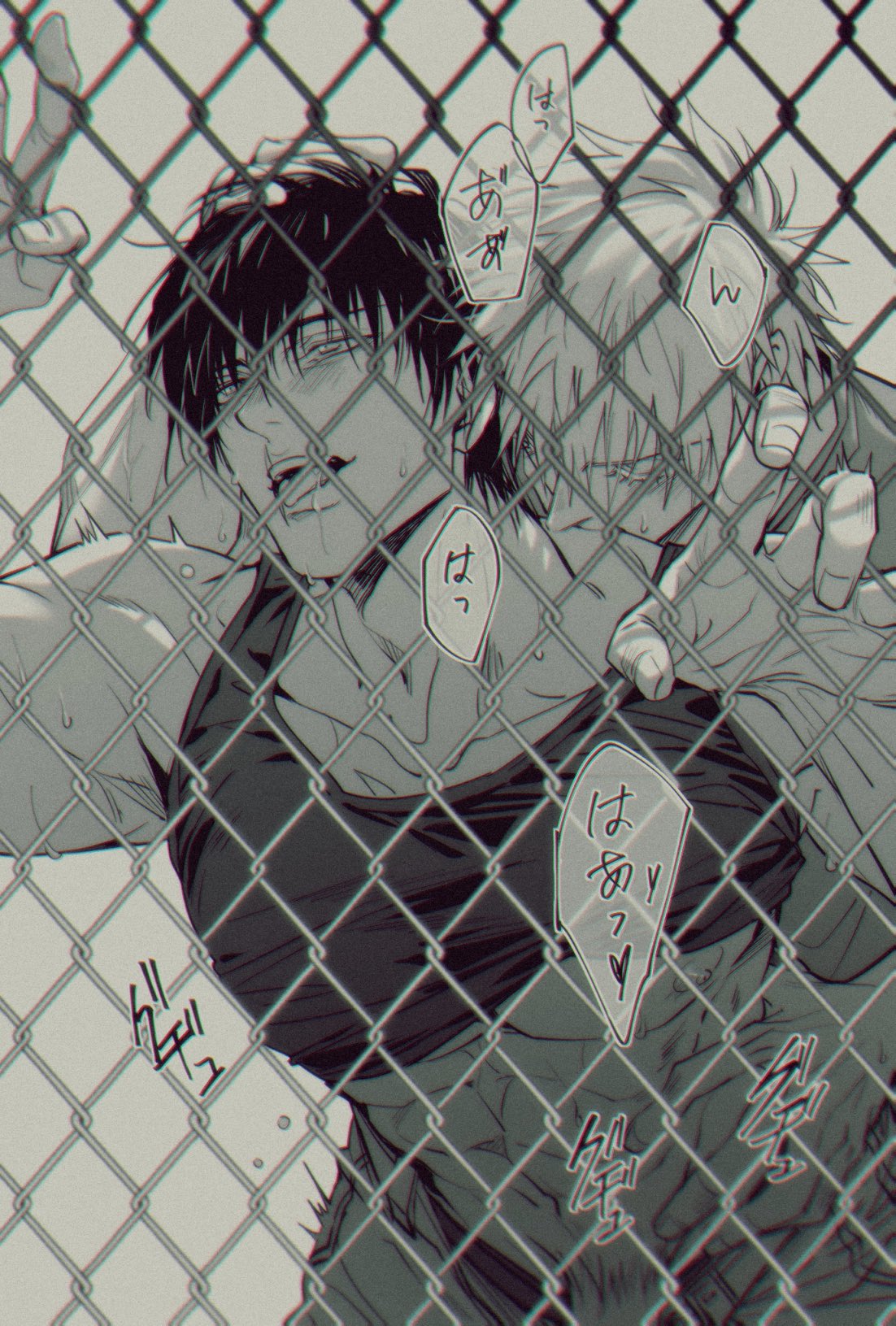 2boys, against fence, fence, gay, greyscale, hand on head, implied penetration, implied sex, jujutsu kaisen, kinoko927513, male, male only, male penetrated, male penetrating, male penetrating male, male/male, monochrome, pubes, pubic hair, satoru gojo, sex, shirt lift, speech bubble, text, toji fushiguro, tongue, tongue out, yaoi