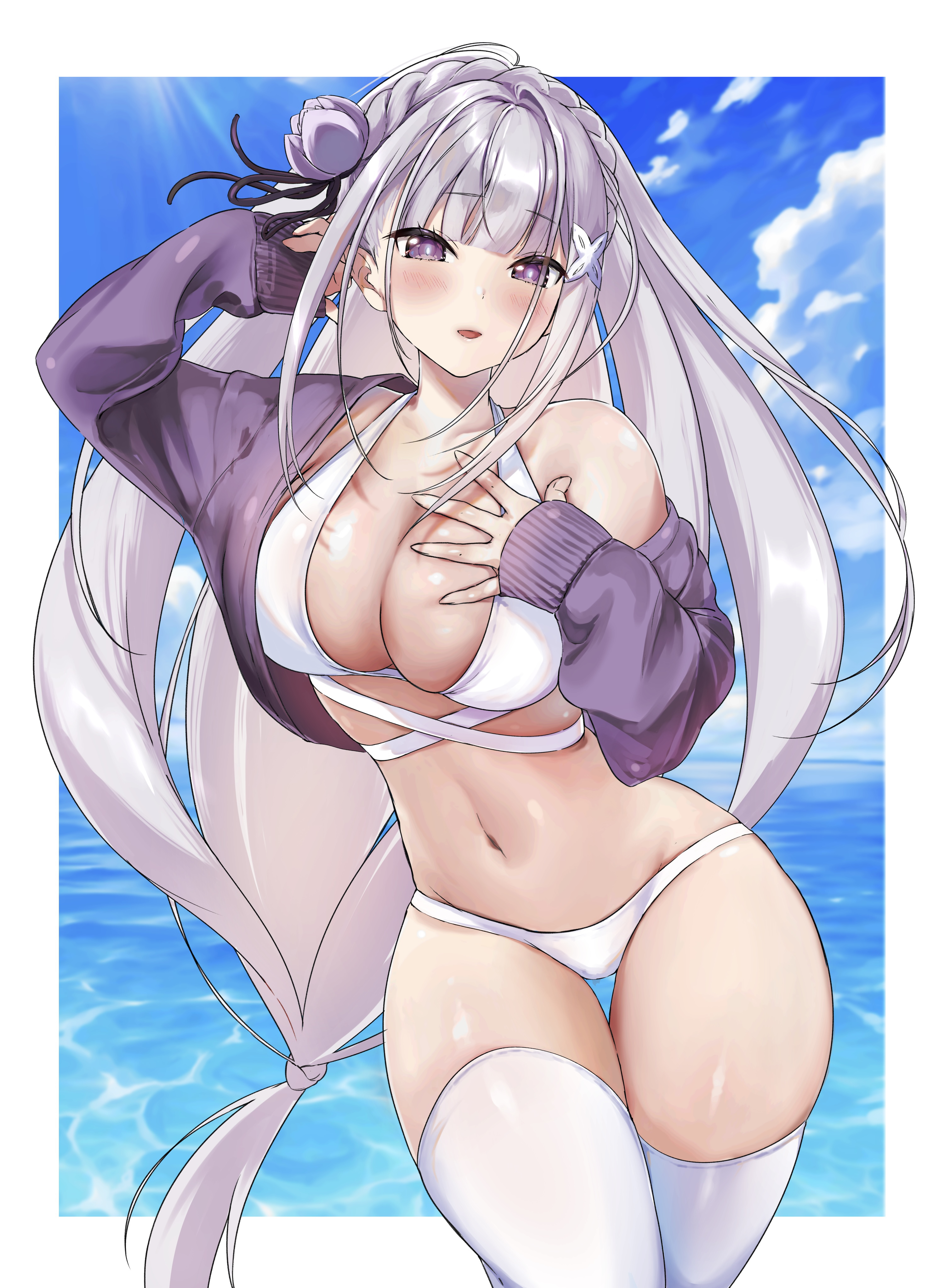 1girls, 2d (artwork), artist request, bare shoulders, beach, belly, big breasts, bikini, blush, cleavage, crossed legs, elf, elf ears, elf female, emilia (re:zero), female, female only, hairpin, half naked, hand on breast, highres, jacket, large breasts, legs together, light skin, light-skinned female, long hair, looking at viewer, navel, open jacket, purple clothing, purple eyes, re:zero kara hajimeru isekai seikatsu, silver hair, skin gloss, sky, solo, swimsuit, tagme, thick thighs, thigh gap, thighhighs, thighs, very long hair, water, white bikini, white clothing, white hair, wide hips