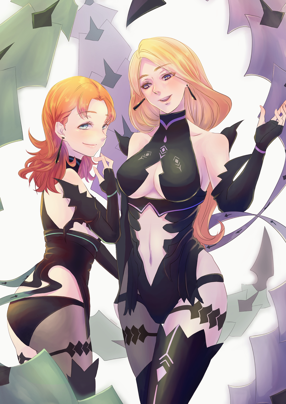 2girls, annette fantine dominic, black gloves, blonde hair, blue eyes, breasts, center opening, cosplay, earrings, female, female only, fingerless gloves, fire emblem, fire emblem: three houses, from side, gloves, green eyes, highres, jewelry, kronya (fire emblem), kronya (fire emblem) (cosplay), long hair, looking to the side, mercedes von martritz, multiple females, multiple girls, navel, nintendo, open mouth, orange hair, riou (pooh920), smile