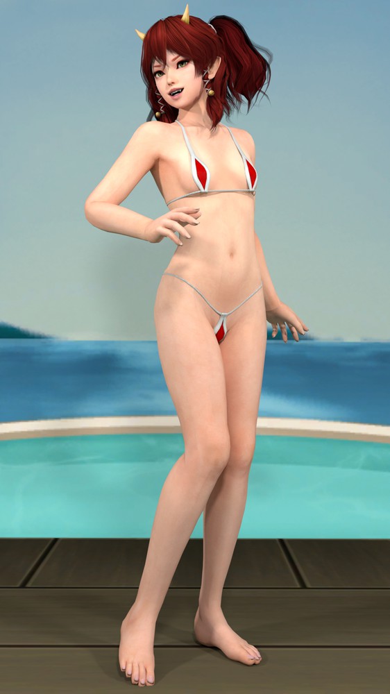 1girls 3d bikini dead_or_alive dead_or_alive_xtreme_venus_vacation feet female female_only g-string horns kanna_(dead_or_alive) oni photonlanccer small_breasts teardrop_bikini